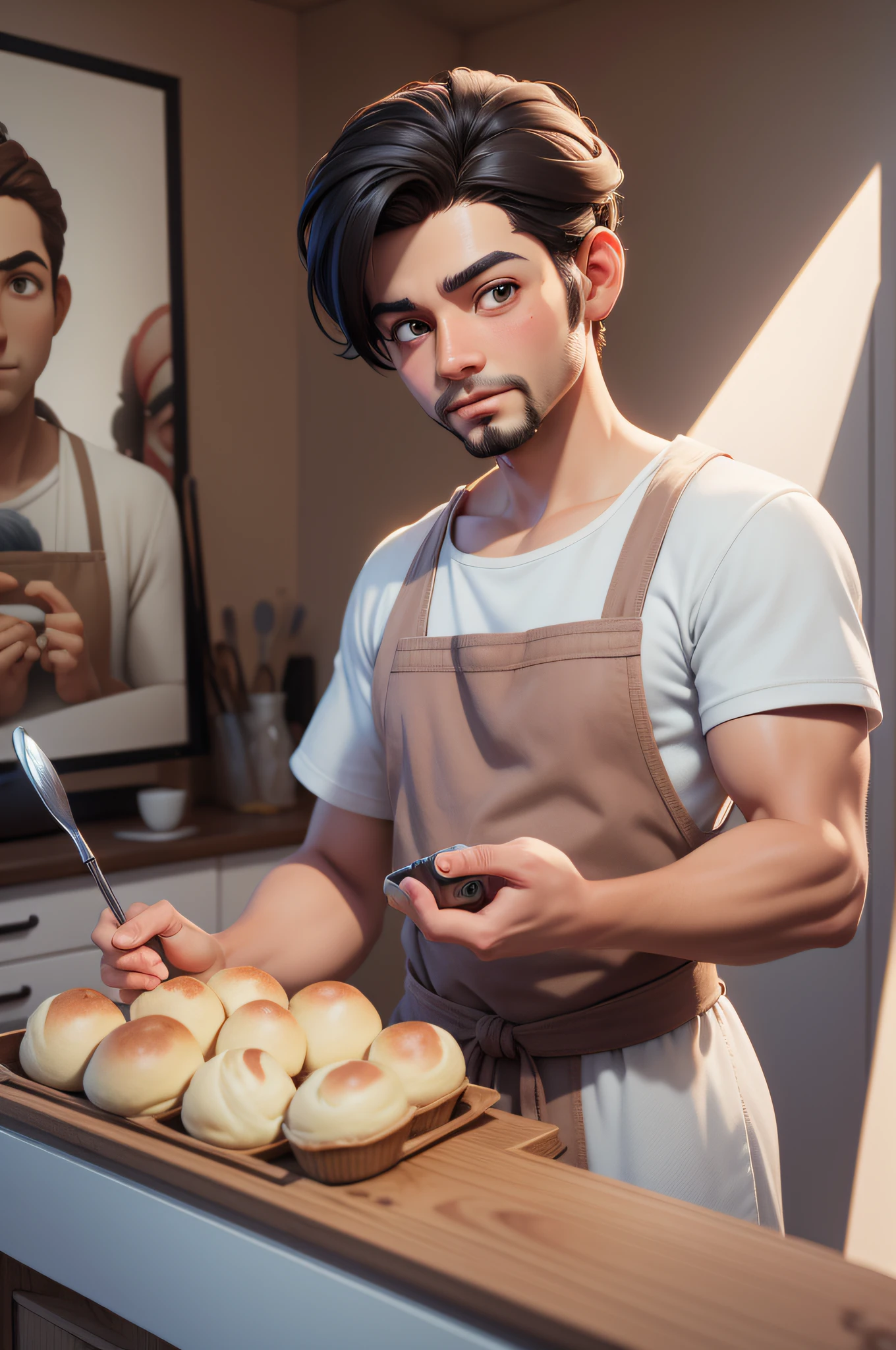 There's a baker taking a selfie together with his homemade buns, imagem de arte digital, pintura digital dos desenhos animados, arte digital.  arte digital!!, pintura mate digital, Foto 3D, Foto 3D, pintura digtial, arte digital, mas foto, Foto realista, pintado digital, painitng digital