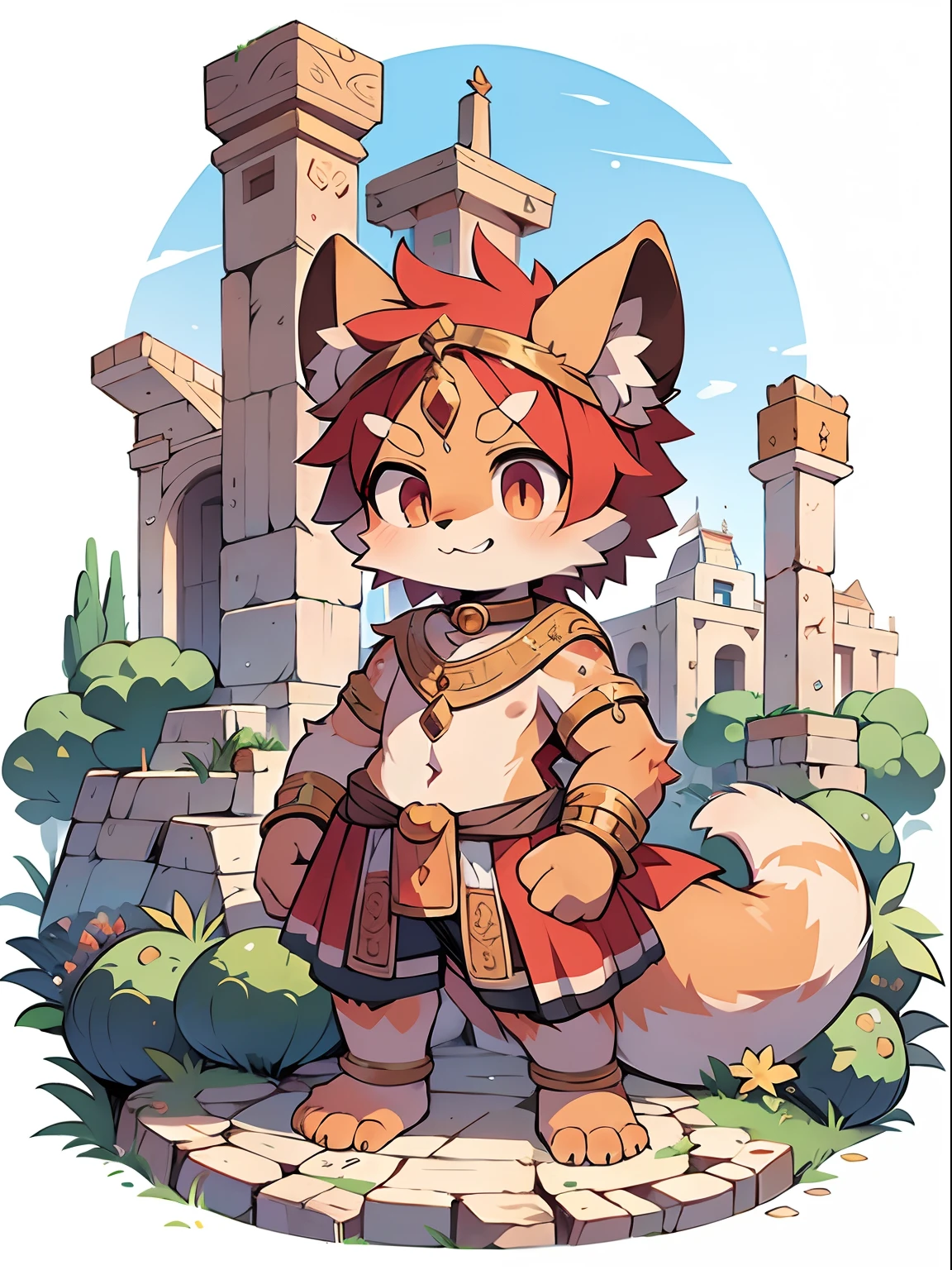BREAk，Master masterpieces，A high resolution，8k，detailedbackground，high qulity，BREAk，BREAk，（Yellow fur，Black sclera，red color eyes，Fluffy fur，Detailed fur）） hairy pubic， Broken， mascular，（ Libido boy，Shota） human - shaped，fig leaf,Loincloth(Ancient Greek architecture，bazaars，choker necklace，bangle)，独奏，
