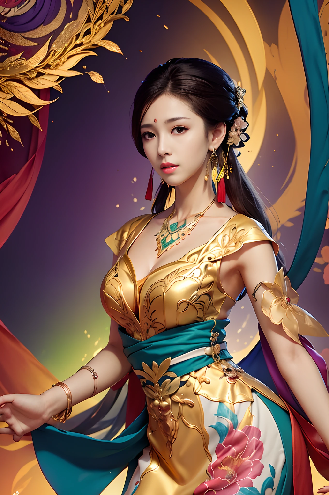 A woman in a red and blue dress, beautiful figure painting, beautiful fantasy queen, art germ and Ruan Jia, art germ style, extremely detailed art germ, by Yang J, inspired by Lan Ying, pop art germ, art germ detailed, fantasy art style, Chinese fantasy, Ruan Jia and art germ