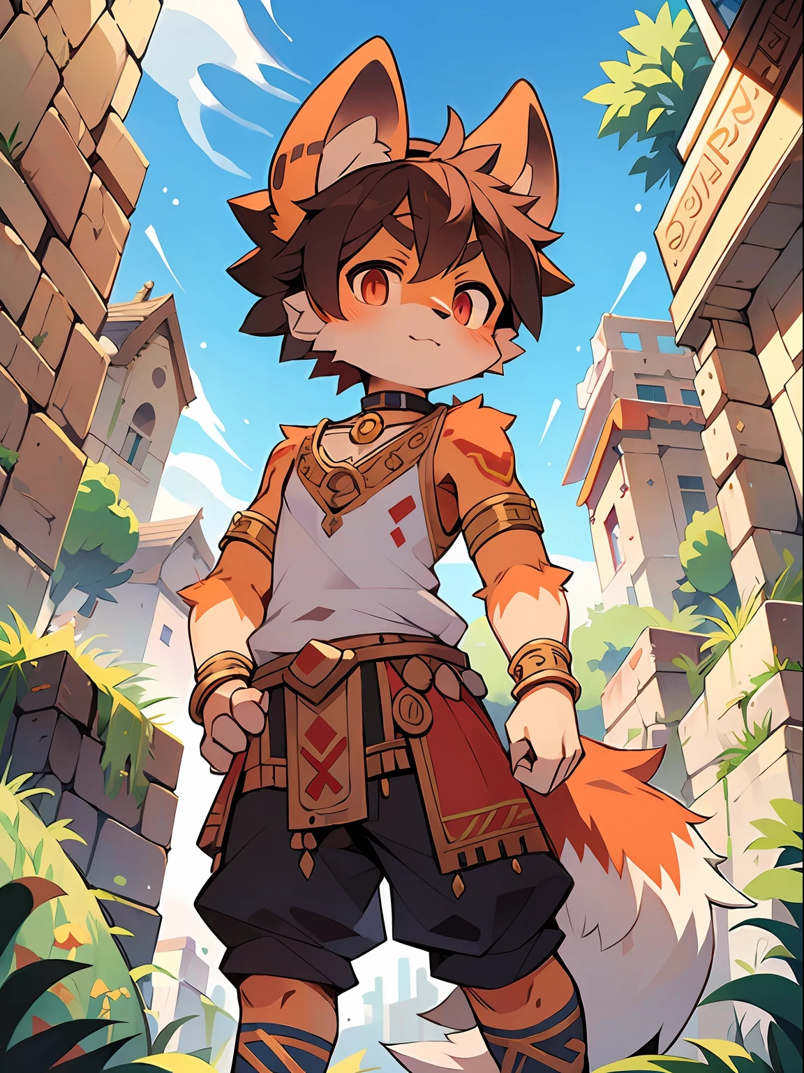 score_9,score_8_up,score_7_up, source_cartoon, source_furry, Furry shota, gazelle, blue hair, disheveled thick hair, short hair, brown curved horns, yellow eyes, detailed body fur, ((tribal small loincloth, tribal adorns)), looking at you, orange body fur, detailed face, big eyebrows, detailed eyes, detailed body, detailed body fur, detailed hands, flat body, glistering body, shiny body, skinny, :3, looking at you, glow throughout the scene, sabannah, clear sky, solo, full body, feets with three toes, 3 toes, masterpiece, gazelle ears, motion blur, thick outline, anthropomorphic, countershading, solo, :3, 