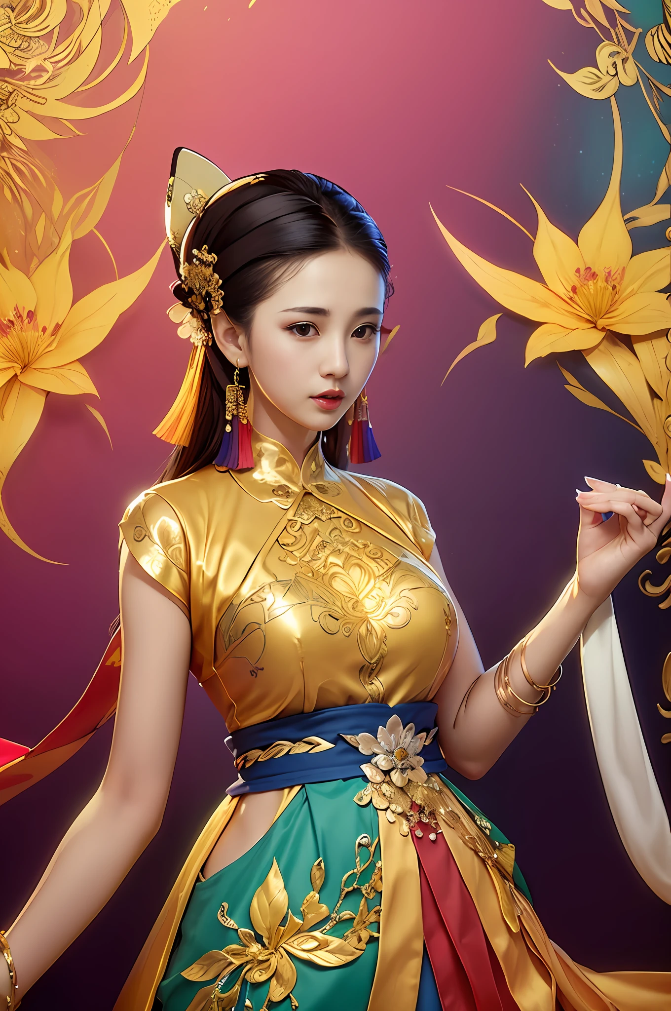 (masterpiece、masutepiece、top-quality、top-quality、Official art、Beautifully Aesthetic:1.2)、(1girl in:1.3)、ighly detailed、(Fractal Art:1.1)、(colourfull:1.1)(florals:1.3)、highestdetailed、(Zentangle:1.2)、(dynamicposes)、(Abstract background:1.3)、(Chinese Traditional Cloth:1.2)、(shinny skin)、(Many colors:1.4)、、(Golden earrings:1.4)、Colossal tits、 are protruding、 are protruding、Glossy skin々、It's shiny。
