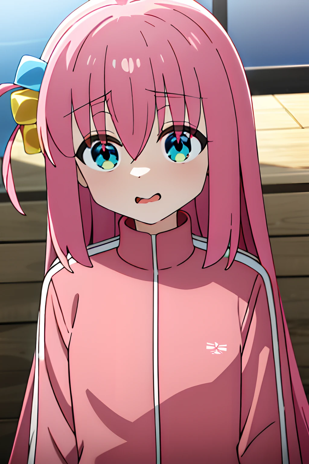 obra maestra, mejor calidad, highres, gotou1, gotou hitori, solo, chaqueta rosa, tracksuit, flequillo, pelo entre ojos, mangas largas, (cara desagradable: 1.2), upper_body, boca ondulada, gota de sudor, boca abierta, avergonzado, tembloroso, al aire libre,