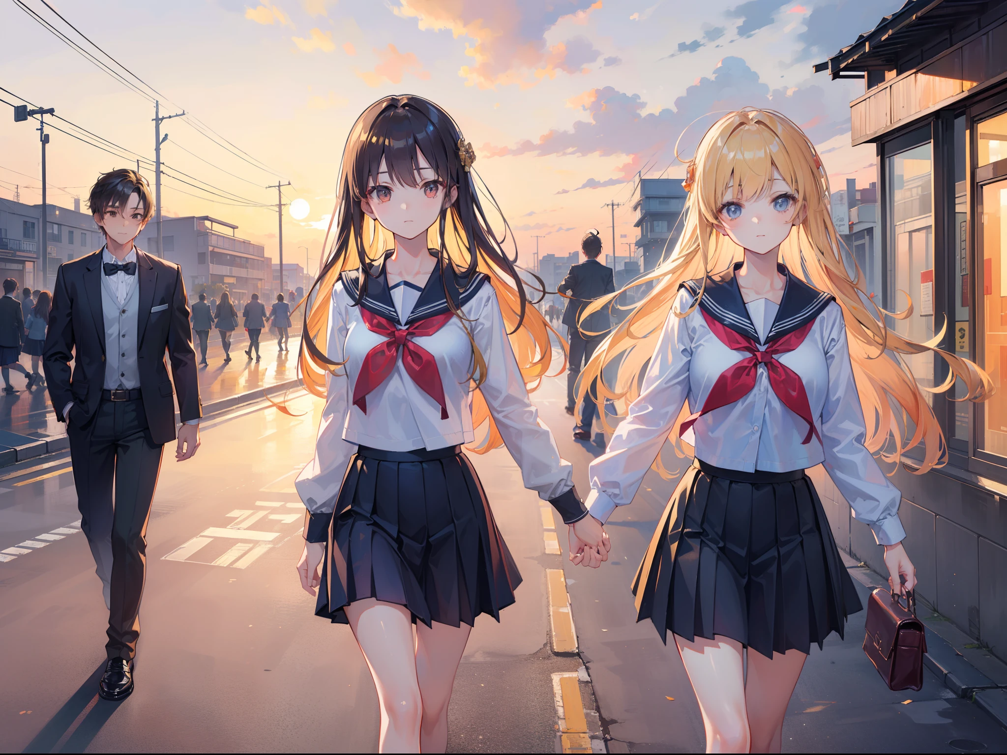 (masterpiece:1.5) (bestquality) highlydetailed,ultra-detailed, (golden hour lighting) (sunset), (in the street), ( 1boy ), ( 2girls ), (school uniforms), (evening glow), (walking together)
