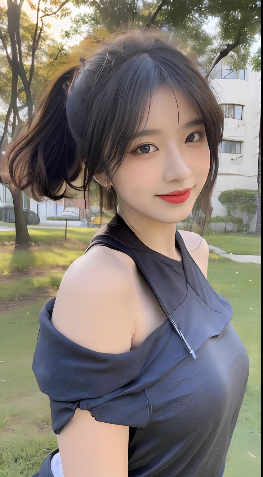 ((best qualtiy, 8K, tmasterpiece:1.3)), A pretty maiden,Pure,Melon seed face,gentle and cute,Perfect body shape,frontage,Tilt your head,((Short one-shoulder T-shirt,sweat shorts)),Black hair smooth,Long hair shawl,round black big eyes,Clear big eyes,((Hydrated red lips)),(lipstick),(Be red in the face),((Rushed skin)),Sweet,full bodyesbian,On the grass,the trees,buliding,Suburban background,