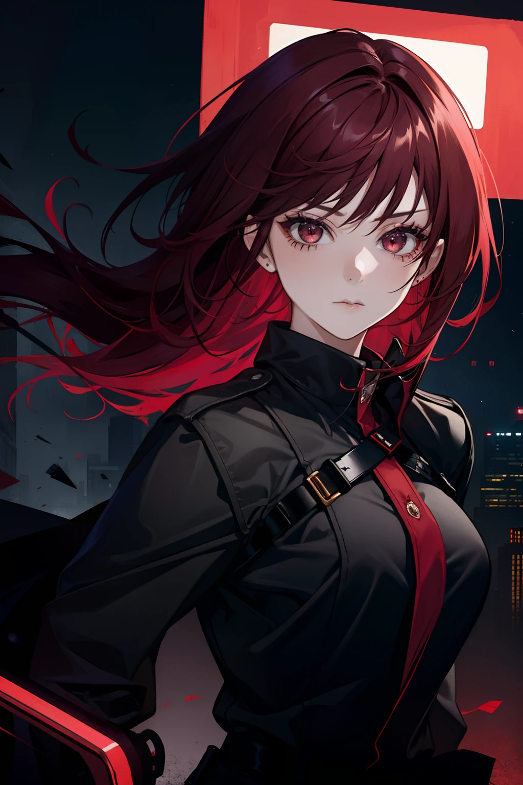 1 girl, solo, dark red hair, badass girl, seductive, black outfit, modern city night background, gangster