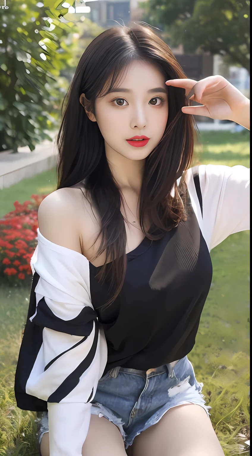 ((best qualtiy, 8K, tmasterpiece:1.3)), A pretty maiden，Pure，Melon seed face，gentle and cute，Perfect body shape,frontage，Tilt your head，((Short one-shoulder T-shirt，sweat shorts))，Black hair smooth，Long hair shawl，round black big eyes，Clear big eyes，((Hydrated red lips))，(lipstick)，(Be red in the face)，((Rushed skin))，Sweet，full bodyesbian，On the grass，the trees，buliding，Suburban background，