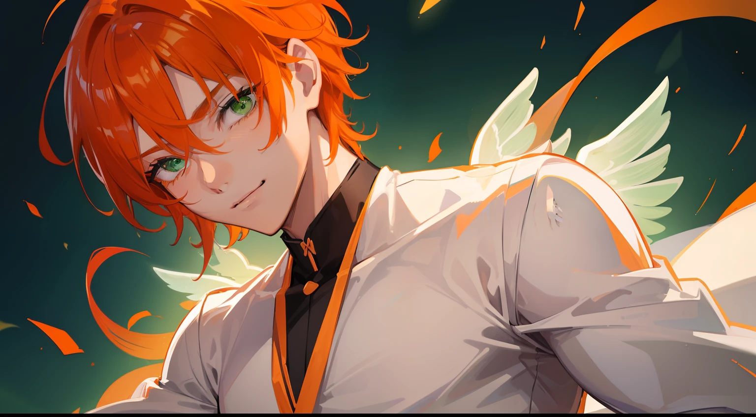 ((((One guy)))),close your eyes and laugh,(((Guy))), (((man))), (((Man's))),(((masutepiece))), (((Beautiful lighting))),(((muscular))),(((man))),),(((Green eyes))),(((Orange hair))), Male face,male eyebrows, Male Eyes, Eyelashes, Medium Hair,Beautiful face, v shaped_eyebrow,White skin,Transparent wings,Chinese_Clothes,(((Black clothes,)))garters_lanyard, See-through,