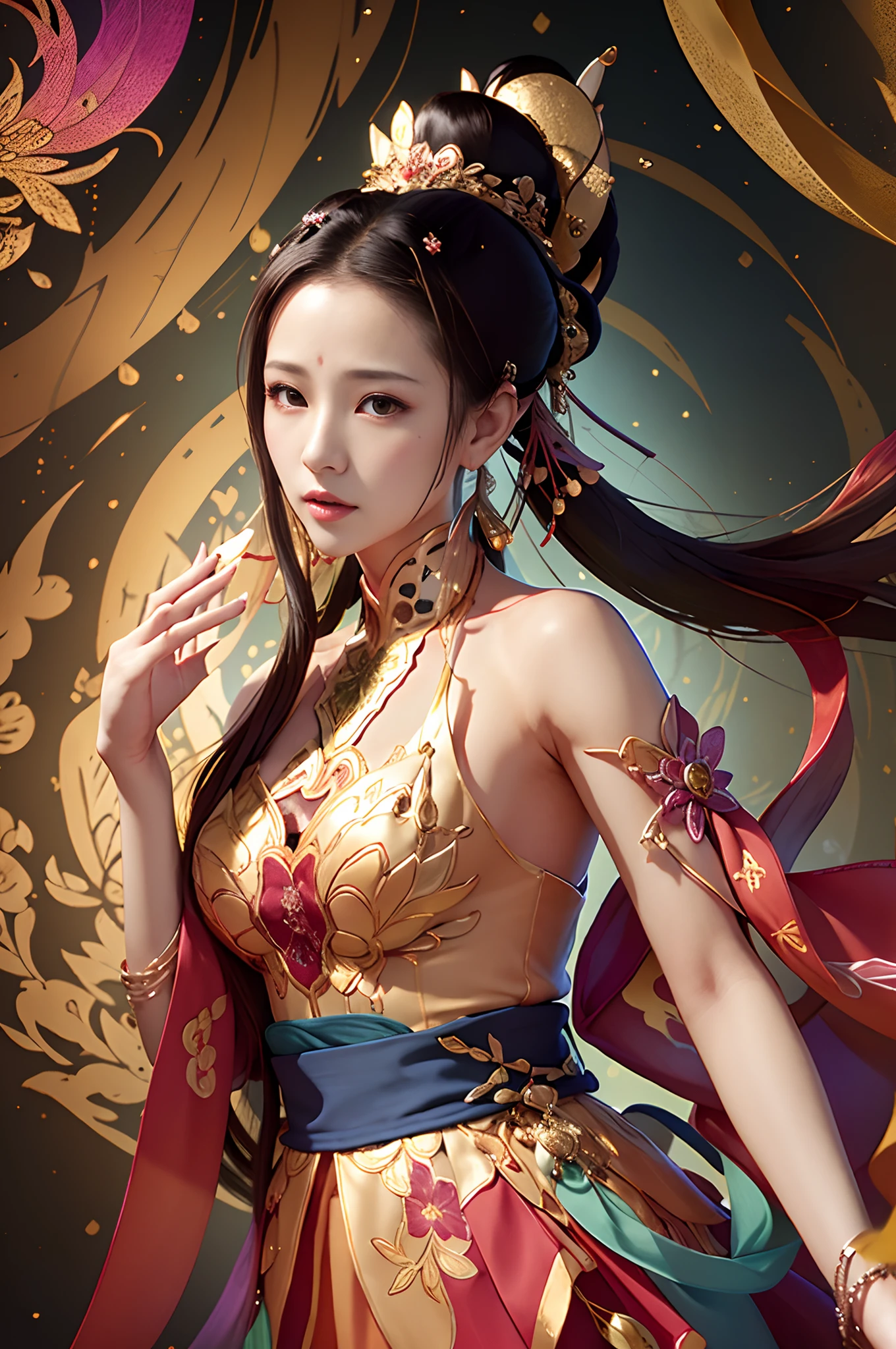 Zhong Fenghua, 1girll, (full bodyesbian) 独奏, Hanfu, flower field, blossom flower, (Black smoke:1.4) (realisticlying:1.5), datura, entangled, offcial art, Unity 8k壁纸, ultra - detailed, Beautiful and beautiful, tmasterpiece,best qualtiy, (dynamic angle:1.4), (Realistic:1.5),(Real human photos;1.5),(Bigboobs:1.5),(Liuhai:1.5)(Shoulders exposed:1.5),Glowing skin, (Floating colorful flashes:1),The most beautiful forms of chaos,ellegance,Fauvistdesign,vivd colour,Romanticism Depth of Field,