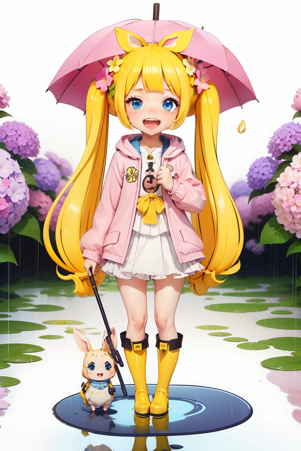 1girl, rainbow, raincoat, yellow raincoat, rubber boots, hydrangea, flower, long hair, twintails, boots, blush, umbrella, open mouth, hair ornament, white background, hood, solo, teruterubouzu, very long hair, hood up, long sleeves, low twintails, bow, bangs, smile, animal hood, blue eyes, rabbit, closed umbrella, puddle, full body, :d, snail, yellow footwear, simple background, pink flower, standing, leaf umbrella, holding umbrella, food-themed hair ornament, hair bow, animal ears, holding, blonde hair, hair flower, rain, animal,chibi..