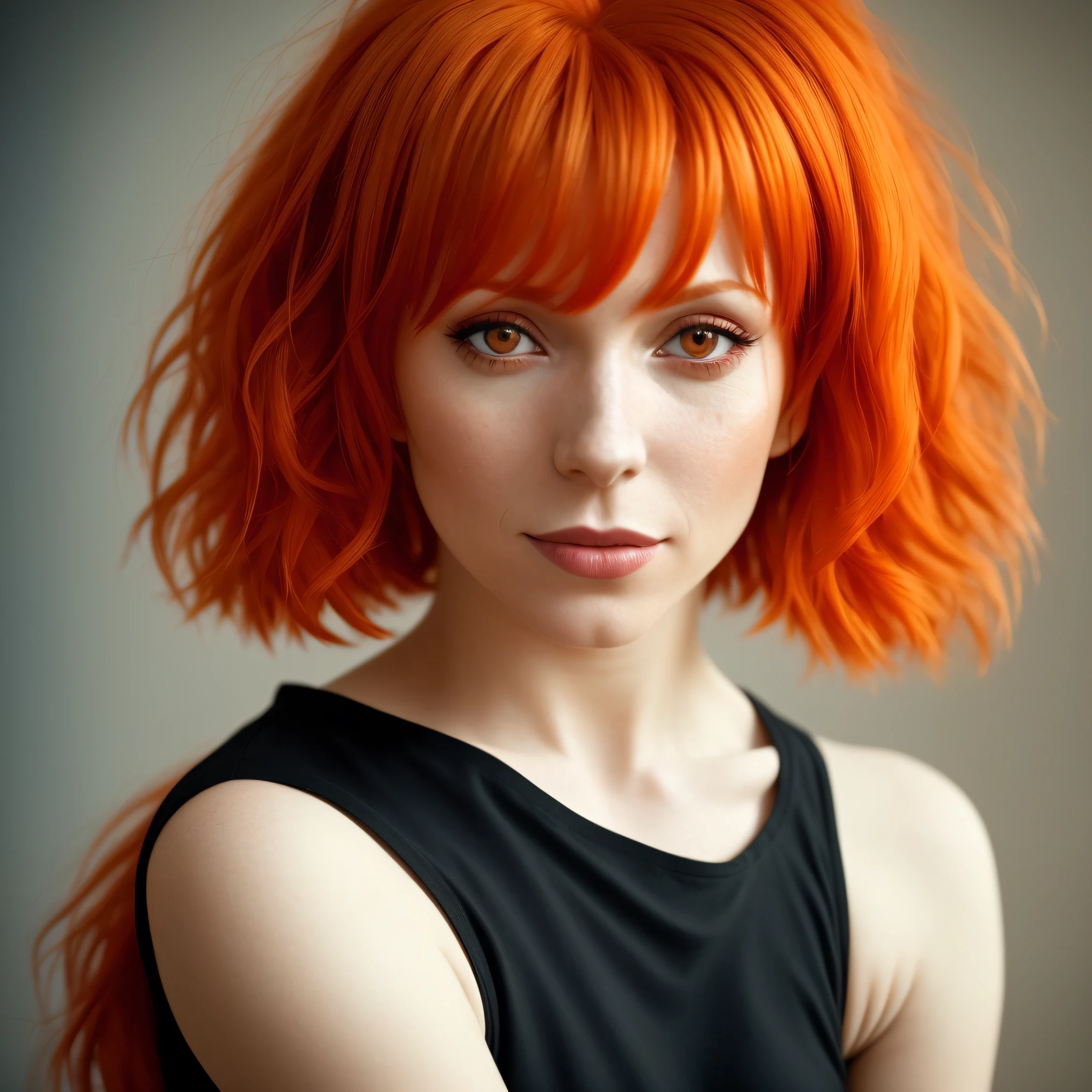 a close up of a woman with red hair and a black top, high quality portrait, beautiful portrait of nami, color portrait, orange glowing hair, mylene farmer, orange hair, bright orange hair, with red hair, cgsociety portrait, anna nikonova aka newmilky, by Galen Dara, 8k artistic portrait photography, by Alexander Kucharsky