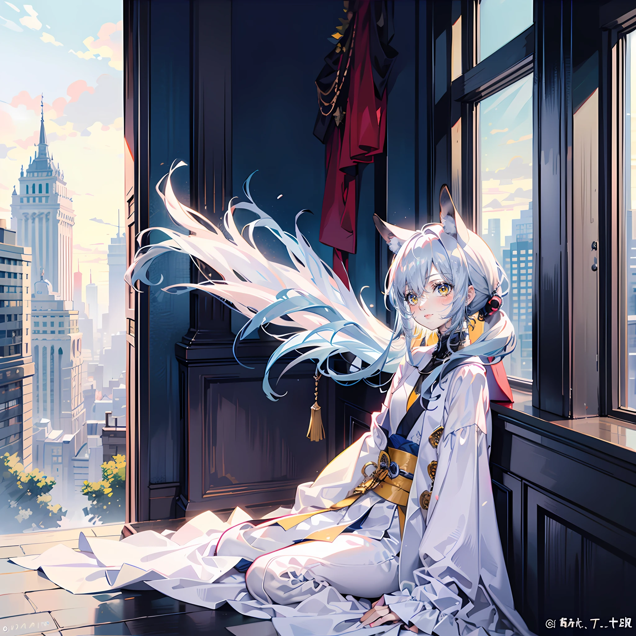 Masterpiece, Best quality, High quality, 1girll，Solo, Male focus, view the viewer, White horse ears，Long white single ponytail hair，White color hair，Long hair and waist，Flat bangs，yellow eyes，long white robe，the roof，Sitting down，Look out into the far side of the city，ssmile，youthfulness，facing to audience，