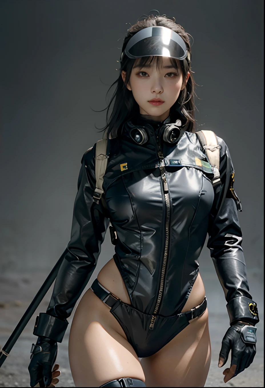 Highest image quality, outstanding details, ultra-high resolution, (realism: 1.4), the best illustration, favor details, highly condensed 1girl, with a delicate and beautiful face, ((cowboy shot)), (wearing nylon racing suit likes police uniform, black and gray mecha, wearing a high-tech visor, military harness, having Electrical Discharging Staff, "SST"), simple background grey