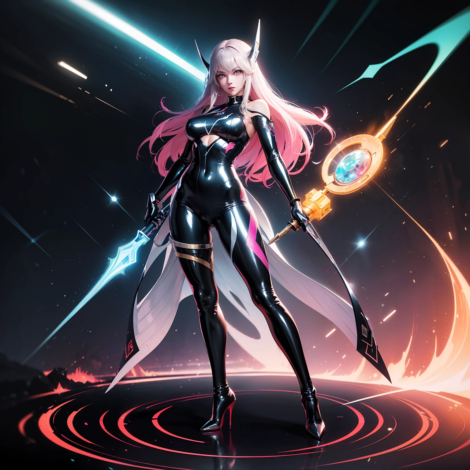 (full body:1.5),(1girl:1.3),(looking at viewer:1.4),(anatomy correct:1.3),(Wearing Printed Fantasy latex Ultraman suit and pointed high heels ,and Very thick Printed latex Pantyhose :1.35), (Light particle effect:1.3),(In pink | amarelo | blue colors| green color |red colors | white colors| black in color| purpleish color| greys| Beige| Flesh color 1.4),(Glowing eyes:1.3),(Large amplitude action: 1.3),(Accurate and perfect face:1.4),(Clothing Gloss:1.25),(Skin reflection:1.25),hyper HD, Ray traching, reflective light,structurally correct, Award-Awarded, high detal, lightand shade contrast, Face lighting,cinmatic lighting, tmasterpiece, super detailing, high high quality, high detal, best qualityer, 16k,high contrast,