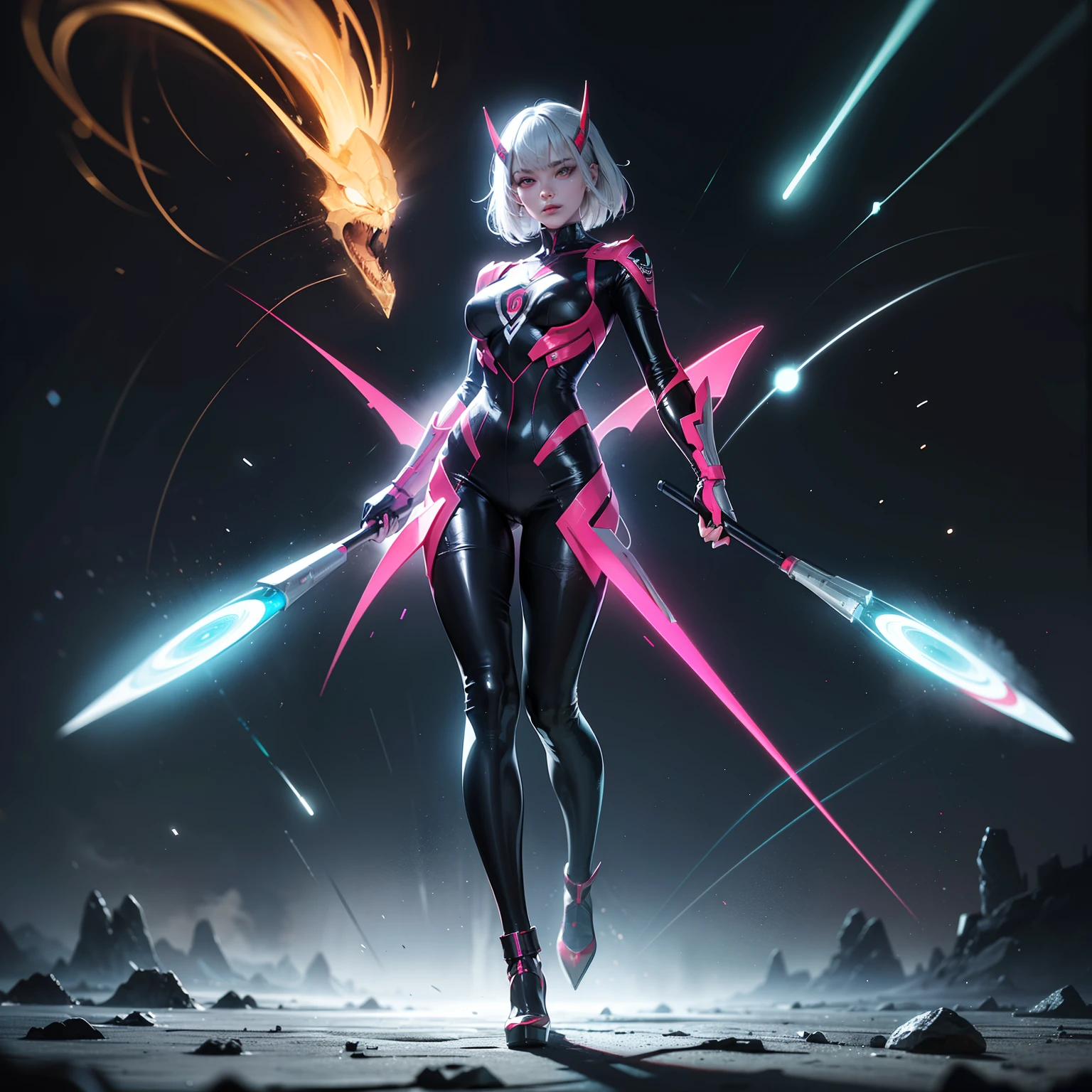 (full body:1.5)，(1girl:1.3),(looking at viewer:1.4)，(anatomy correct:1.3),(Wearing Printed Fantasy latex Ultraman suit and pointed high heels ，and Very thick Printed latex Pantyhose :1.35), (Light particle effect:1.3),(In pink | amarelo | blue colors| green color |red colors | white colors| black in color| purpleish color| greys| Beige| Flesh color 1.4)，(Glowing eyes:1.3),(Large amplitude action: 1.3)，(Accurate and perfect face:1.4),(Clothing Gloss:1.25),(Skin reflection:1.25),hyper HD, Ray traching, reflective light，structurally correct, Award-Awarded, high detal, lightand shade contrast, Face lighting，cinmatic lighting, tmasterpiece, super detailing, high high quality, high detal, best qualityer, 16k，high contrast,