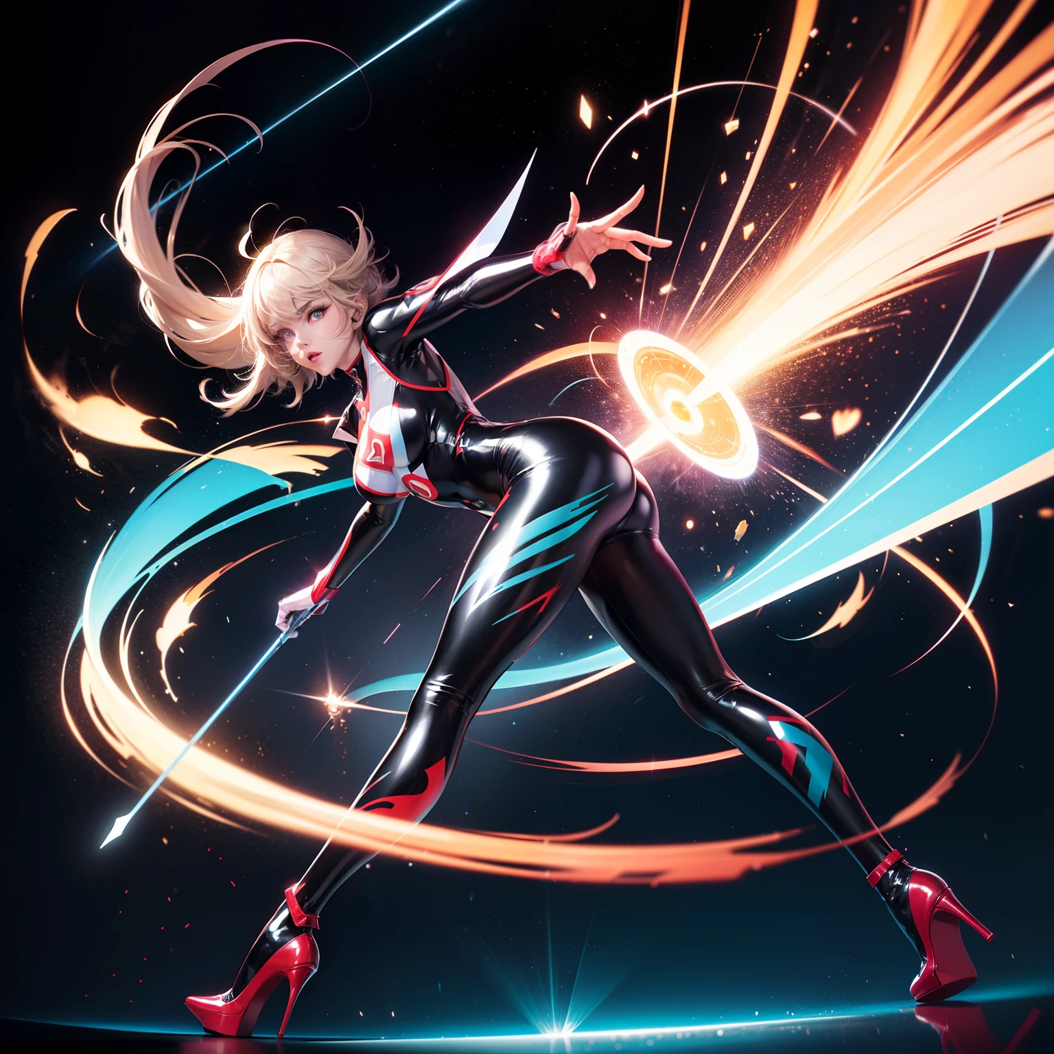(full body:1.5),(1girl:1.3),(looking at viewer:1.4),(anatomy correct:1.3),(Wearing Printed Fantasy Ultraman tight and pointed high heels ,and Very thick Printed Pantyhose :1.35), (Light particle effect:1.3),(In pink | amarelo | blue colors| green color |red colors | white colors| black in color| purpleish color| greys| Beige| Flesh color 1.4),(Glowing eyes:1.3),(Large amplitude action: 1.3),(Accurate and perfect face:1.4),(Skin Gloss:2),(Skin reflection:2),hyper HD, Ray traching, reflective light,structurally correct, Award-Awarded, high detal, lightand shade contrast, Face lighting,cinmatic lighting, tmasterpiece, super detailing, high high quality, high detal, best qualityer, 16k,high contrast,