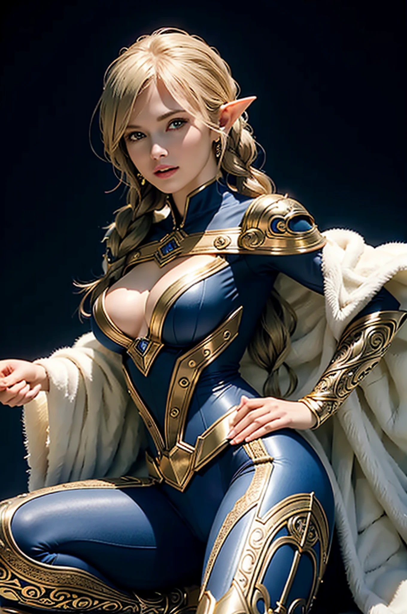 (Photorealistic: 1.5), complex 3D rendering ultra-detailed beautiful, (Skindent: 1.5), (Masterpiece, top quality, octane rendering, 8K), glamour shots full body images, very beautiful young elves, cleavage, swimsuit, one, micro bikini, long braided blonde hair, blonde hair only, big breasts, Wearing intricate super armor of gold and blue and white, wearing an intricate black cape (((portrait))), wearing intricate white metal leggings on the legs, futuristic urban background, facial muscles, in the style of Marvel Comics, ArtStation trends, clear focus, studio photography, intricate detail, highly detailed, detailed eyes, illustration, very detailed, Sharp Focus, Digital Rendering, Professional