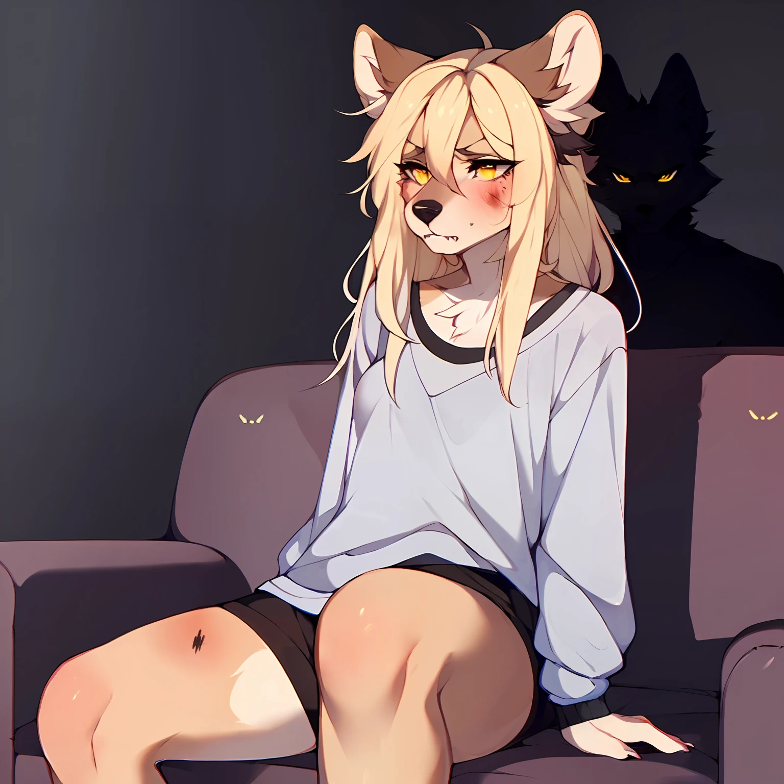 (By hyattlen, by fumiko, by claweddrip):1.2, solo, one girl, a cute tan anthro furry hyena girl, female, fluffy brown ears, (tan_fluffy_body:1.1), black nose, dim yellow eyes, (cute_snout:1.1), fluffy tail, long blonde hair, sharp big canine teeth, hair, small breasts, wearing pink pajamas, sitting on a couch, in a living room, (two_shadowy_figures_arguing_in_the_background:1.4), sad, looking down, looking away, bruised face, teary eyed, far away shot, dark room, shadows,