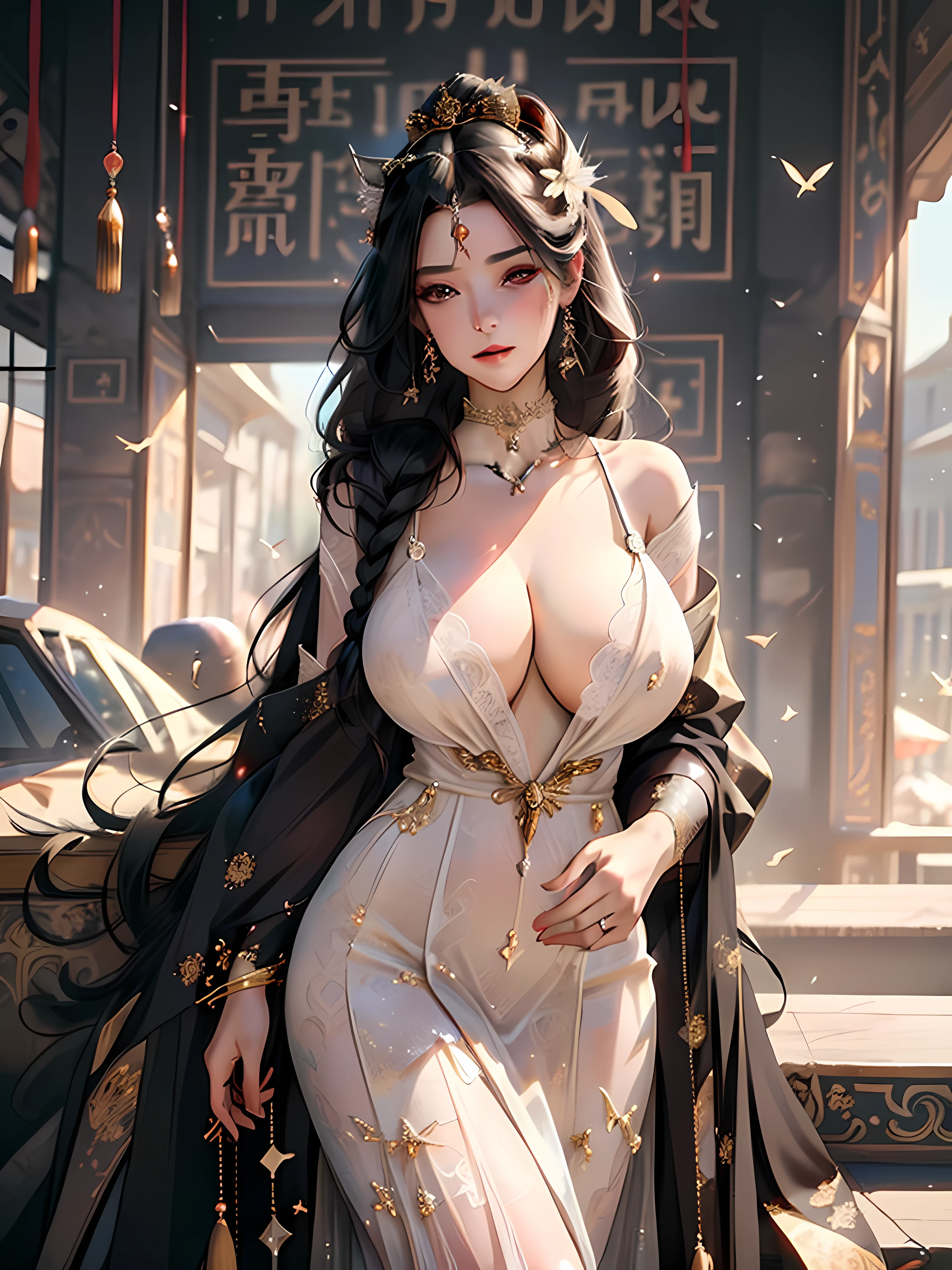 black hair, hair bobbles, longeyelashes, light smile, ear blush, god rays, cinematic lighting, from below, f/16, Wide-Angle, 8k, super detail, ccurate, Best quality Chinese woman in gorgeous dress,ancient wind,silkouette,Delicate headgear,hand sign,choker necklace,耳Nipple Ring,Black hair,Long hair and big waves,huge tit,big breasts thin waist,Wide hips,Gorgeous corsage,See-through,Extremely gorgeous hair accessories,((Extremely gorgeous gemstone tiara with sparkling gold))Gorgeous embroidery and lace),(((huge tit,Long milk))),cleavage
