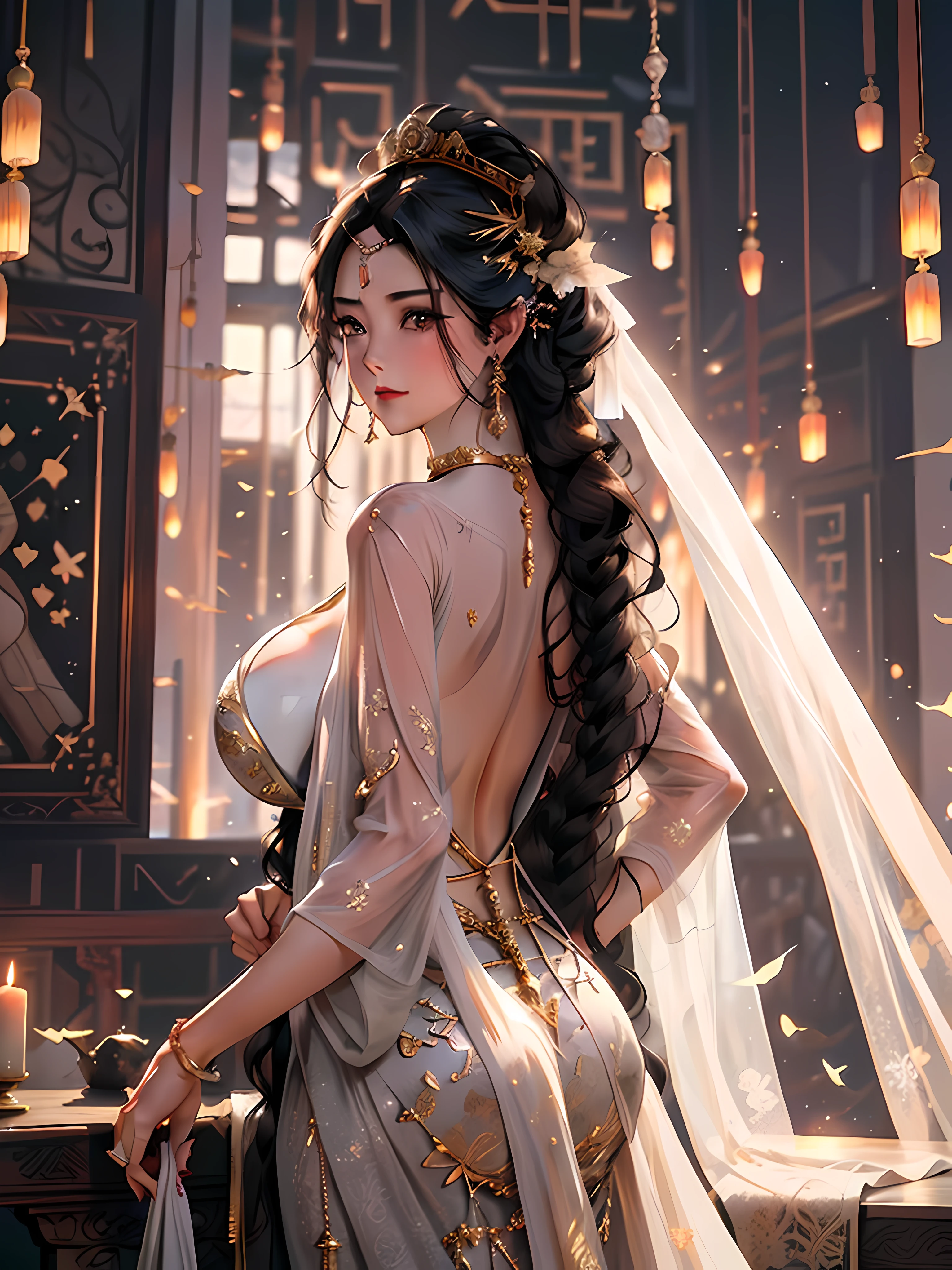 black hair, hair bobbles, longeyelashes, light smile, ear blush, god rays, cinematic lighting, from below, f/16, Wide-Angle, 8k, super detail, ccurate, Best quality Chinese woman in gorgeous dress，ancient wind，silkouette，Delicate headgear，hand sign，choker necklace，耳?????? Ring，Black hair，Long hair and big waves，huge tit，big breasts thin waist，Wide hips，Gorgeous corsage,See-through,Extremely gorgeous hair accessories,((Extremely gorgeous gemstone tiara with sparkling gold))Gorgeous embroidery and lace),(((huge tit,Long milk))),cleavage