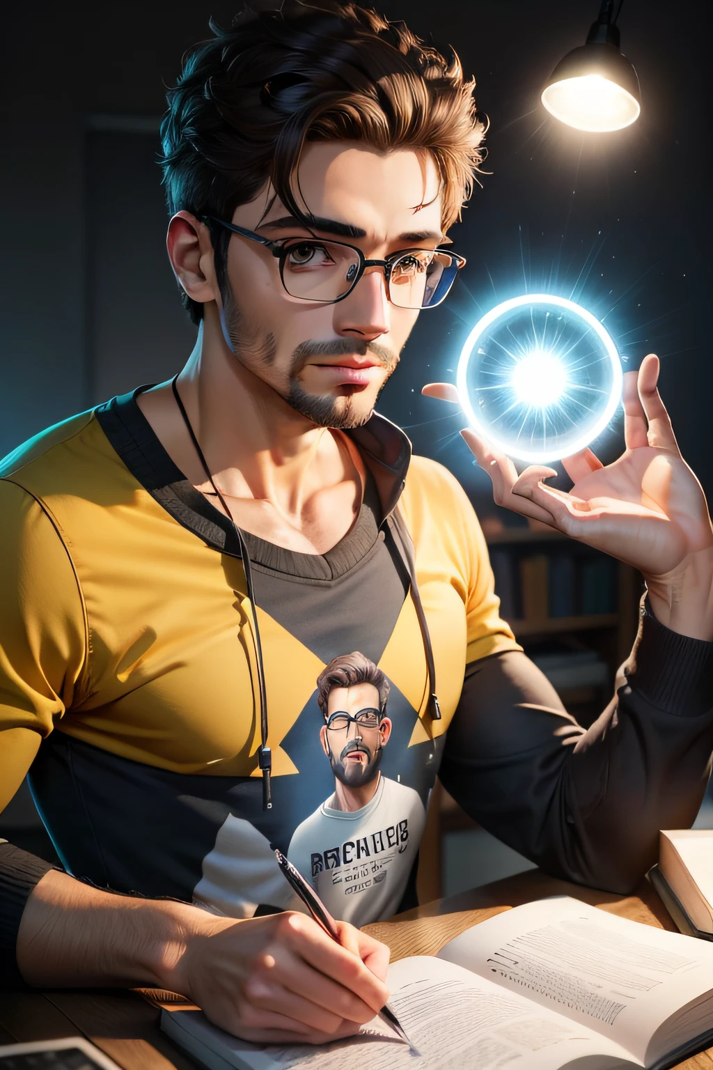 personagem masculino cartoon com luz e camera com livro apresentando conhecimento, fundo inteligente passando conhecimento as pessoas