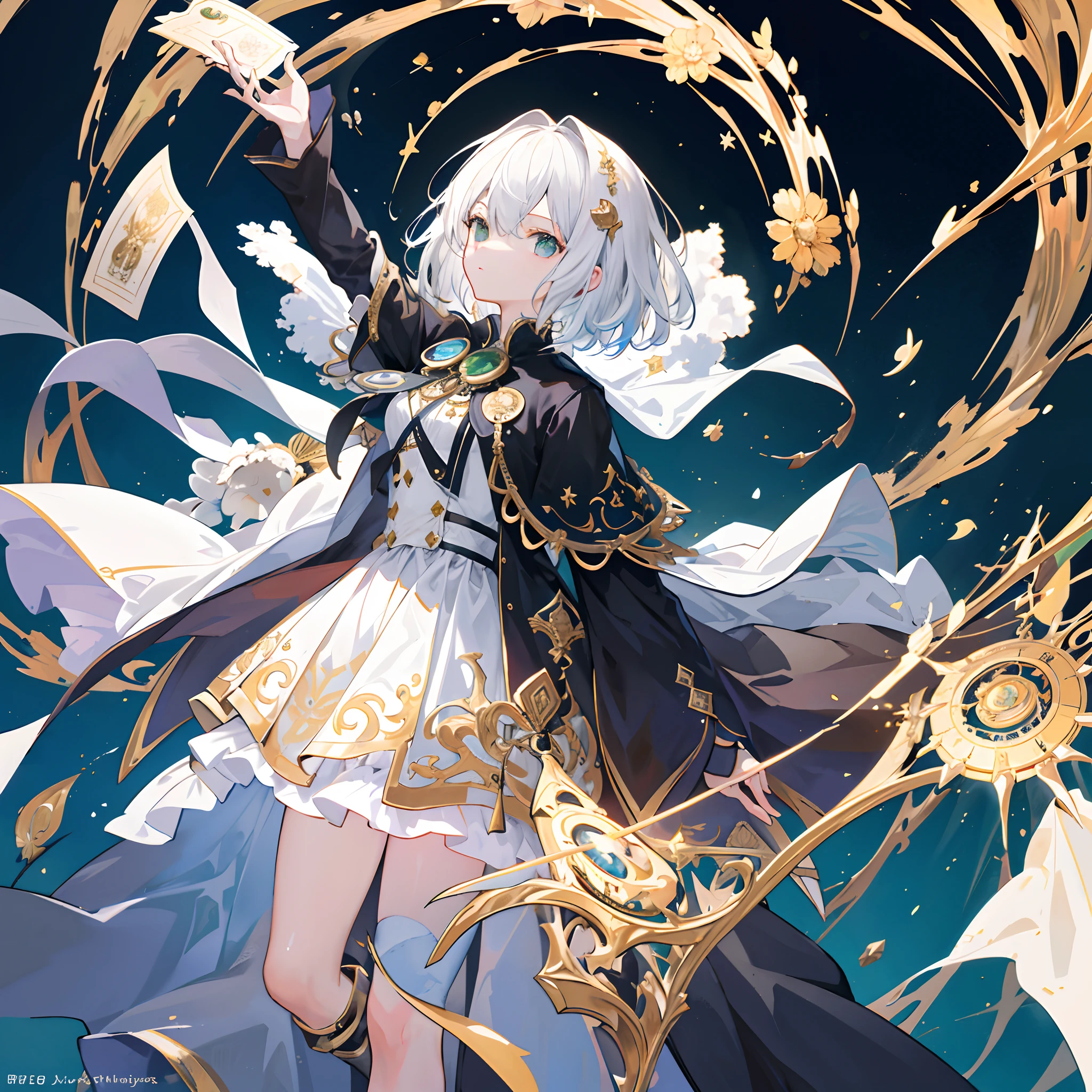 ((ultra - detailed)),((illustration)),((tmasterpiece)),(((Need))),((美丽细致的眼睛)),(the Extremely Detailed CG Unity 8K Wallpapers,best qualtiy,tmasterpiece),((4K,tmasterpiece,best qualtiy)),The girl with short white hair held a pitch-black scepter in her backhand,He held a handful of golden straw in his left hand,There is green liquid on the clothes,Alchemist,monocle,steam style,Black and gold high heels,Shuttling between frames,A can of alchemy floated beside him,Tarot cards fall from the sky,On his right hand hangs a black apple,Whole body diagram