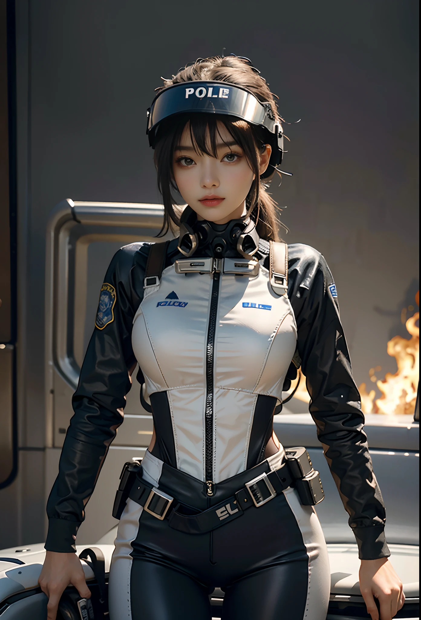 Highest image quality, outstanding details, ultra-high resolution, (realism: 1.4), the best illustration, favor details, highly condensed 1girl, with a delicate and beautiful face, ((cowboy shot)), (wearing racing suit likes police uniform, black and gray mecha, wearing a high-tech visor, military harness, holding a machinegun), peoples confusing, fires, smokes,