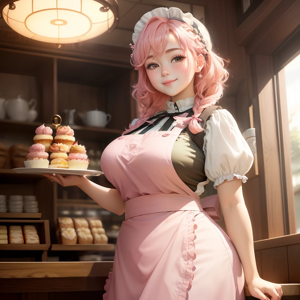 ​masterpiece, top-quality, The ultra -The high-definition, Top resolution, highly detailed, professional lighting, warm lighting, cowboy shot, 1 girl, Beautiful Women, Cute girl, a round face、a very cute, (pink hair, long-cut, curls, braid Hair)、short sleeves, apron, smiling, happy, holding, waitress, cafe worker, cozy cafe interior, pastries, bread, fantasy setting, pink skirt, long skirt, cupcakes on tray、beautiful breast、curvy girl