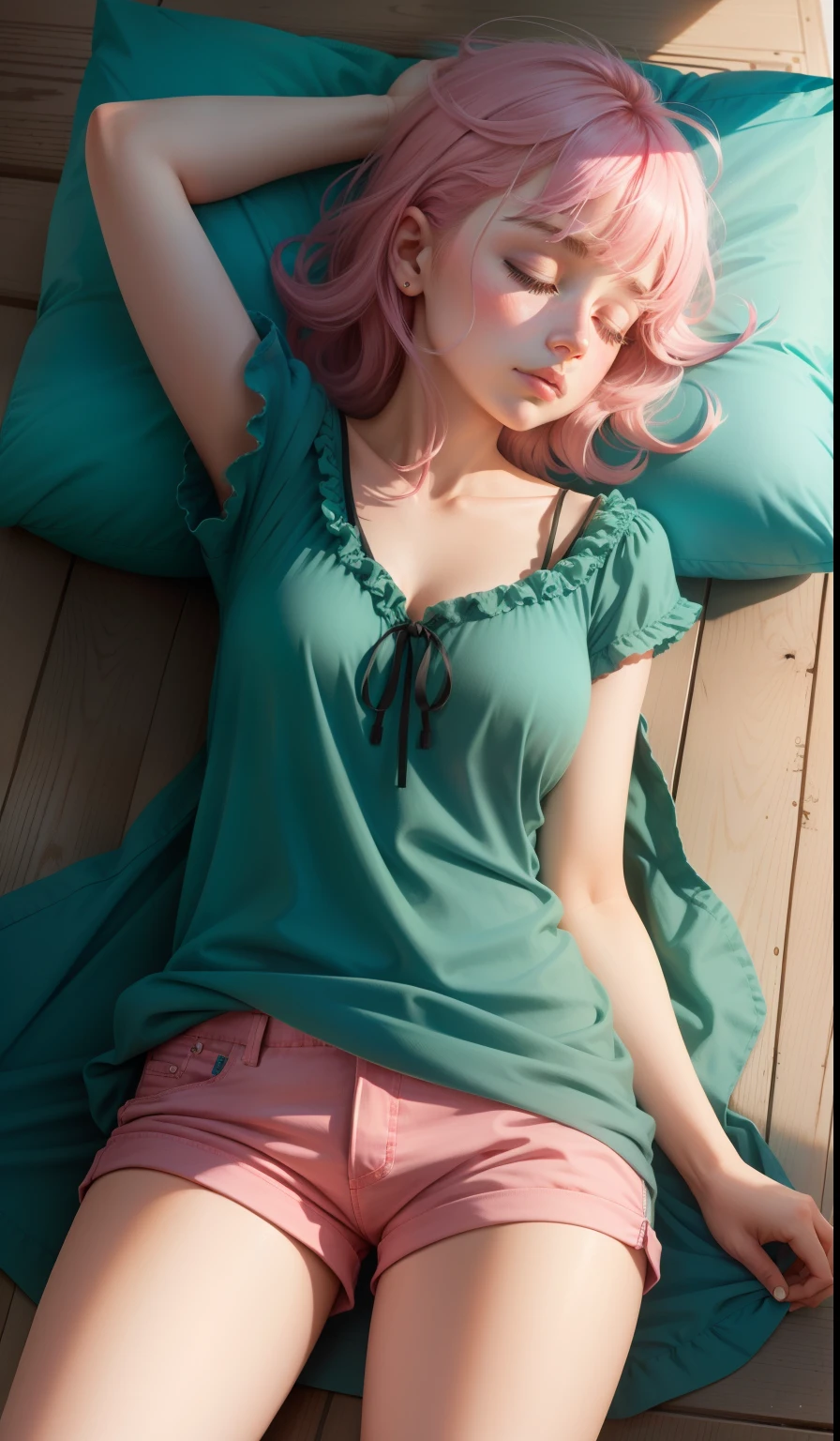 Schoolgirl, ((beach bed, overhead view)), white oversized shirt, sheer, shoulder strap removed, hand bra, tan, hallyu star, profile, sideways, pink and green mesh hair, slender, shy, laughing, closing eyes, bangs covering one eye, natural lights, sagging eyes, sitting girl, approaching buttocks, hip line, back line, small, legs open, boyish, beach, parasol, Cocktail glasses