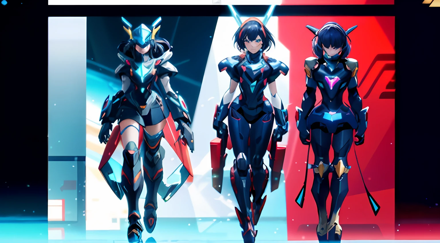 Three different images of a woman in a futuristic costume, anime mecha aesthetic, anime mech armor, style of duelyst, cyber universe style, girl in mecha cyber armor, Digital cyberpunk anime art, digital cyberpunk anime!!, Stylized anime, cyberpunk anime girl mech, cool mecha style, cyber suit, mecha asthetic, digitl cyberpunk - anime art