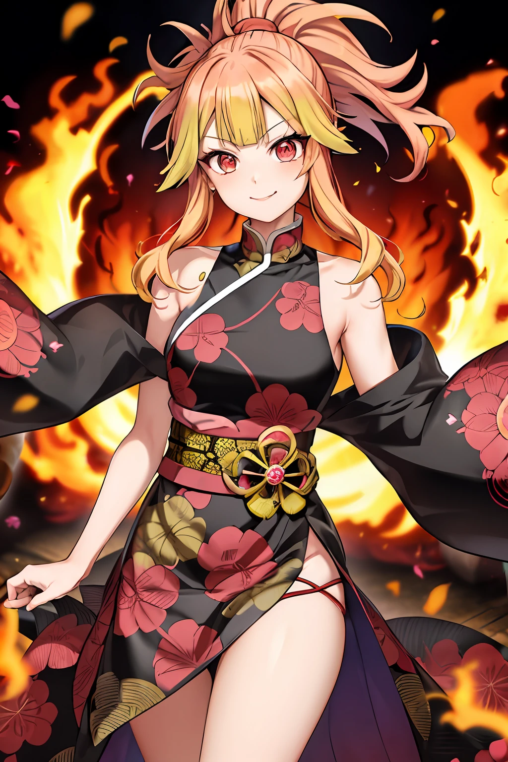 kimetsu no yaiba style, female version of Rengoku, solo, looking at viewer, fire hair, red eyes, blurry background, blurry, multicolored hair, luscious hair, blonde hair, upper body, dress, flower, bare shoulders, smile, lipstick, closed mouth, anime coloring, ((masterpiece))
