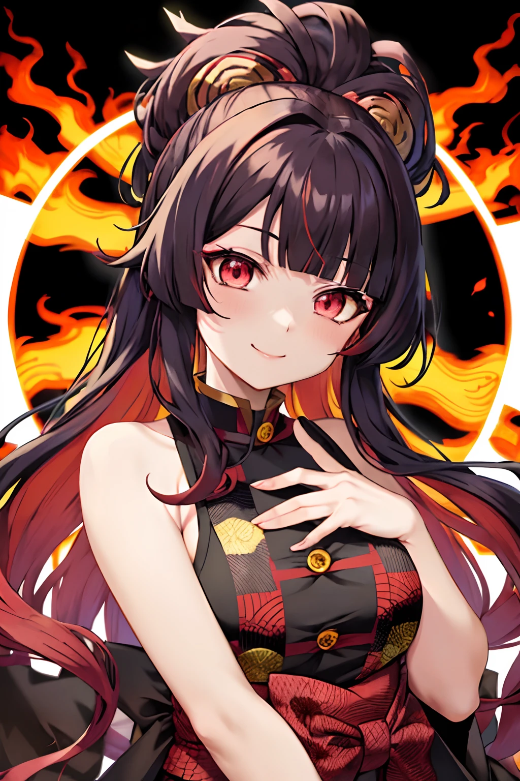 kimetsu no yaiba style, female version of Rengoku, solo, looking at viewer, fire hair, red eyes, blurry background, blurry, multicolored hair, luscious hair, blonde hair, upper body, dress, flower, bare shoulders, smile, lipstick, closed mouth, anime coloring, ((masterpiece))