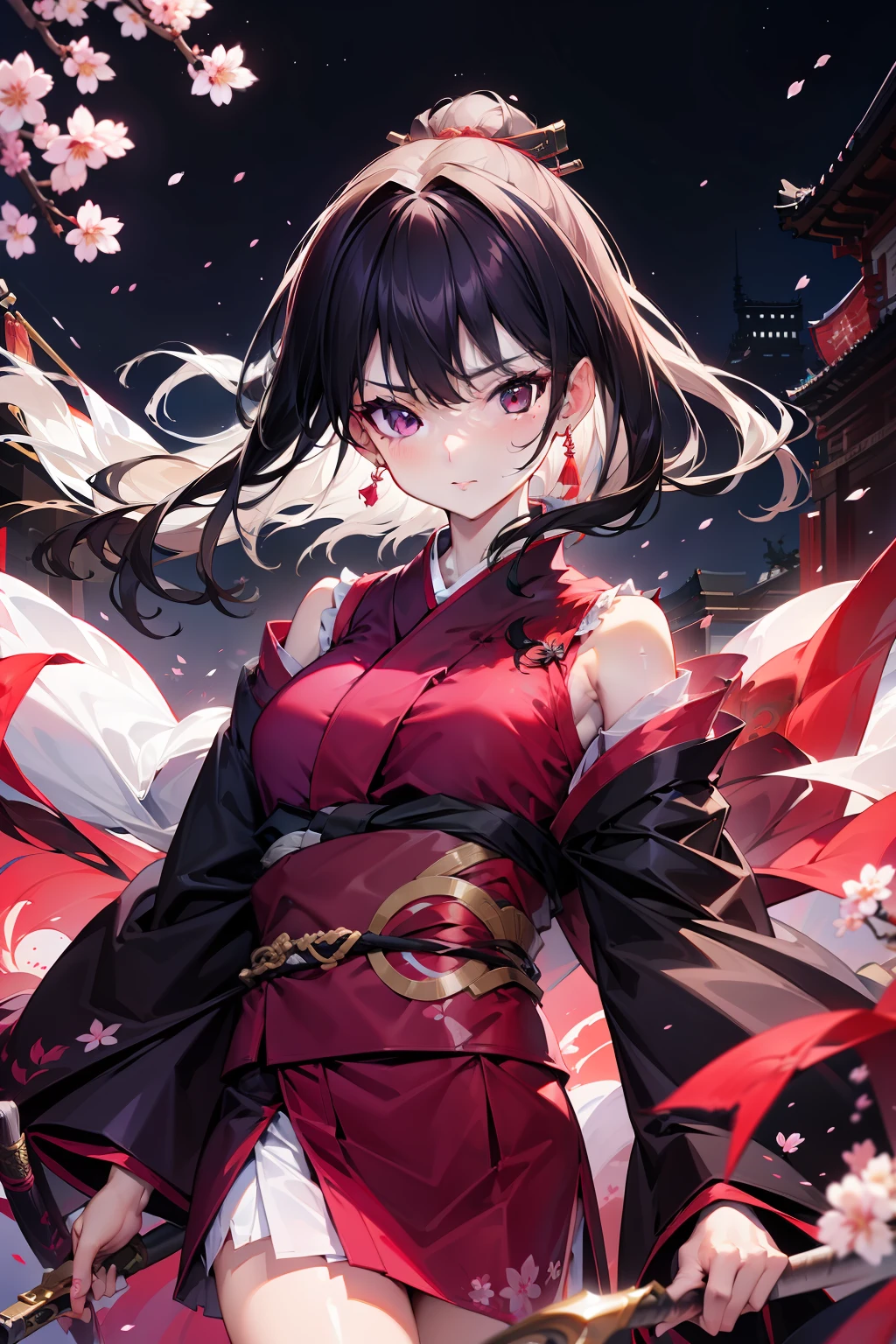 1girl in、nightcity、Sateen、Kimono without sleeves、A dark-haired、Holding a weapon with blood on it、Looking at the camera、Cherry blossoms are dancing，strong con