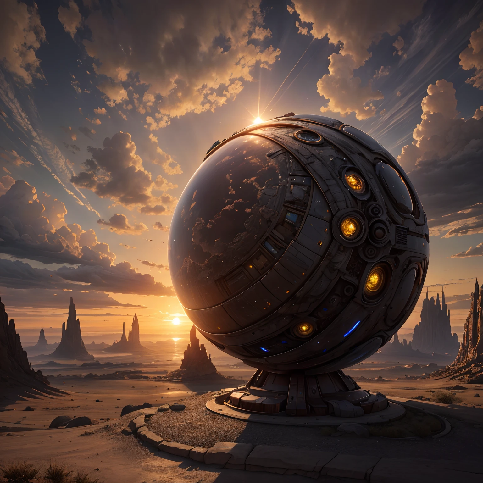 Alien landscape, imagination, (realisticlying), Clear sky, synthetic, Sun sunset, (hdr:1.5), exteriors, intricately details,