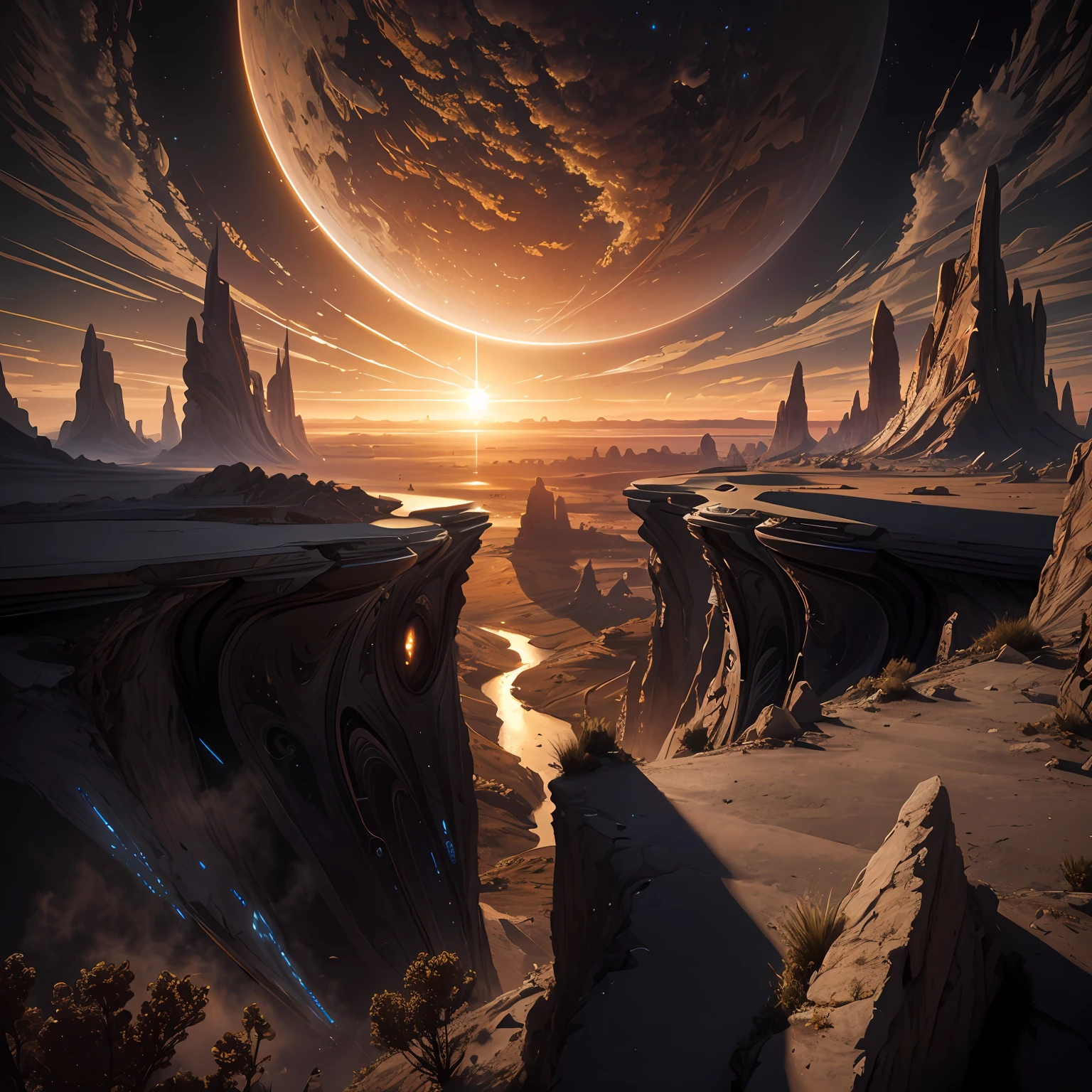 Alien landscape, imagination, (realisticlying), Clear sky, synthetic, Sun sunset, (hdr:1.5), exteriors, intricately details,