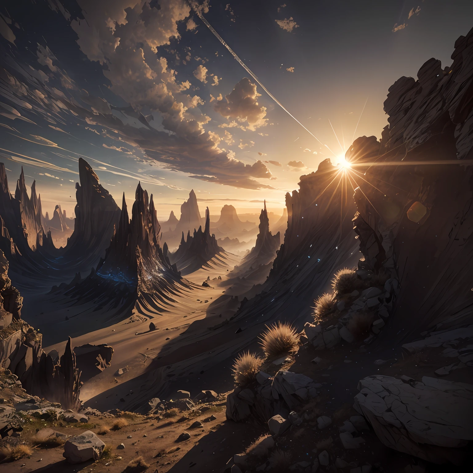 Alien landscape, imagination, (realisticlying), Clear sky, synthetic, Sun sunset, (hdr:1.5), exteriors, intricately details,