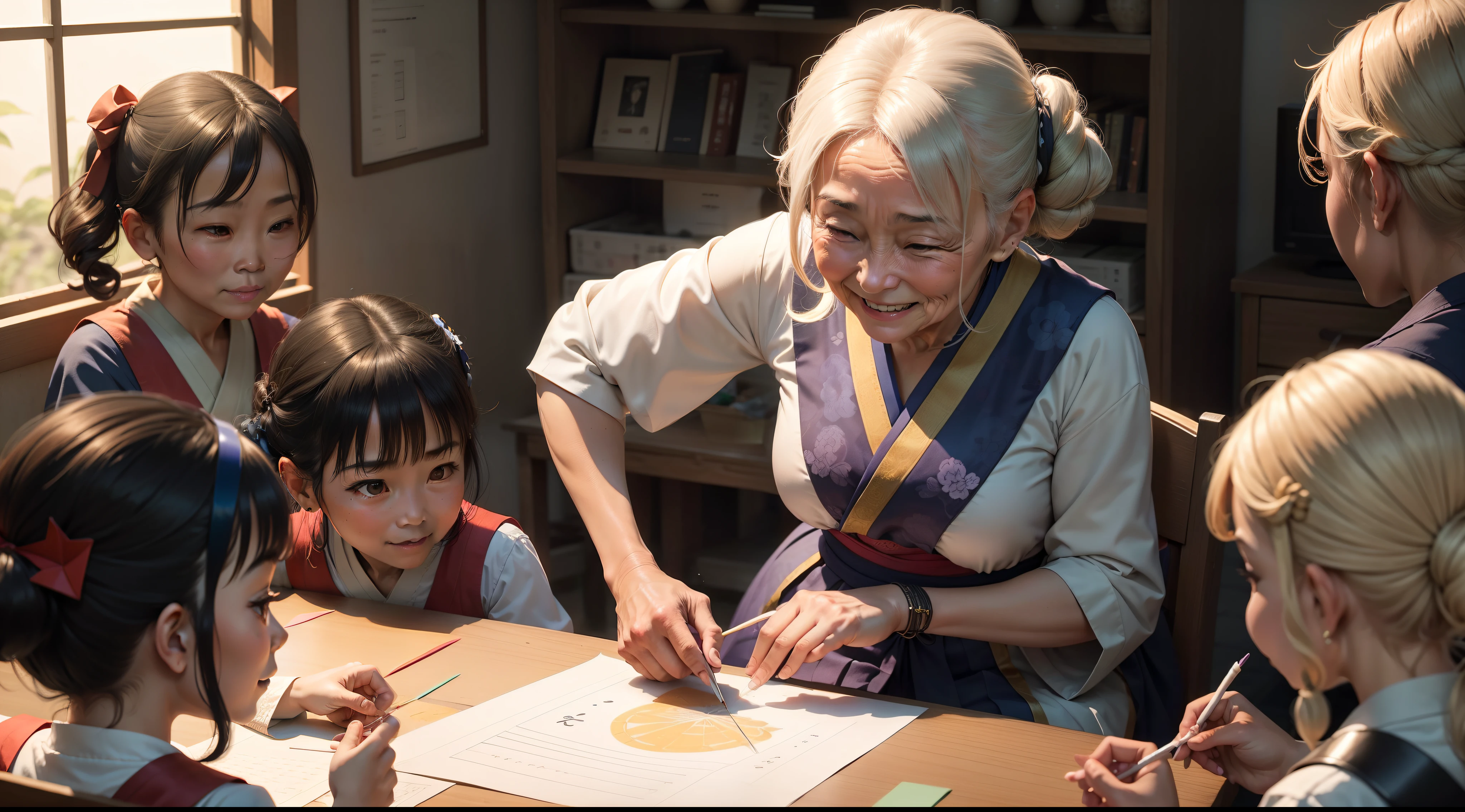 "A smiling elderly lady teaching a group of children how to make origami in a classroom. The children stare at her in awe as they try to reproduce the paper folds. The lady has an energetic posture and a benevolent look. Ao fundo, She appears dancing in a traditional Japanese dance group, cercada por outras senhoras da comunidade. Em cima, The character of ikigai looming as a symbol of her life purpose in contributing to younger generations and staying socially active in old age."