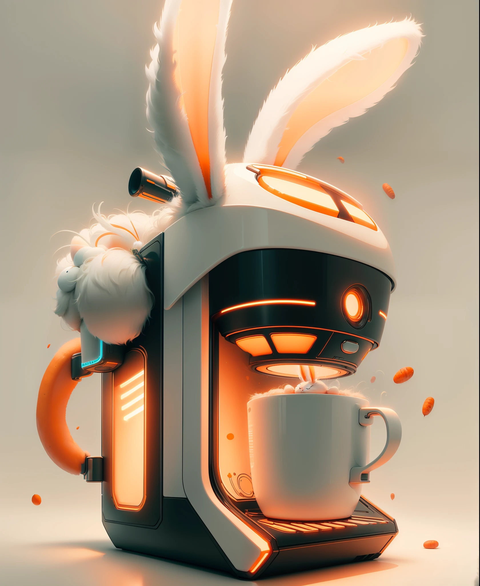 bunnytech ,   fluffy ,  carrots, scifi,
coffee machine , mug,