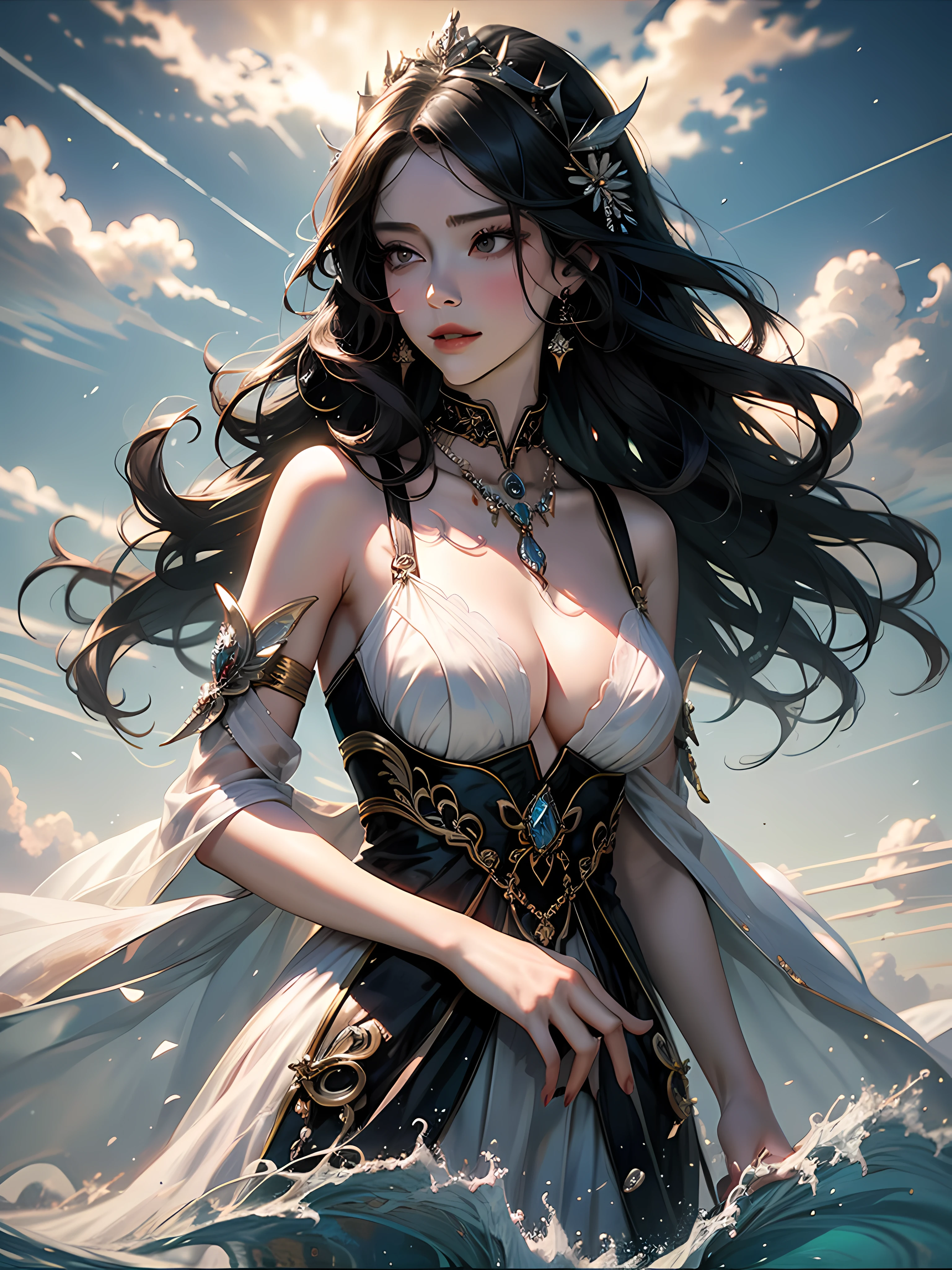 black hair, hair bobbles, longeyelashes, light smile, ear blush, god rays, cinematic lighting, from below, f/16, Wide-Angle, 8k, super detail, ccurate, Best quality Chinese woman in gorgeous dress,ancient wind,silkouette,Delicate headgear,hand sign,choker necklace,耳Nipple Ring,Black hair,Long hair and big waves,