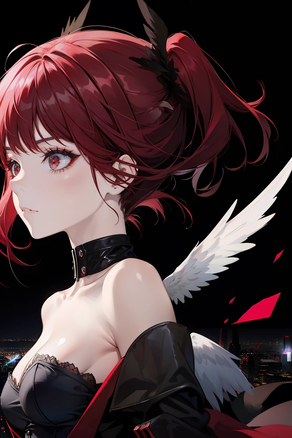 1 girl, solo, dark red hair, badass girl, seductive, black outfit, modern city night background, angel, white wings, black wings