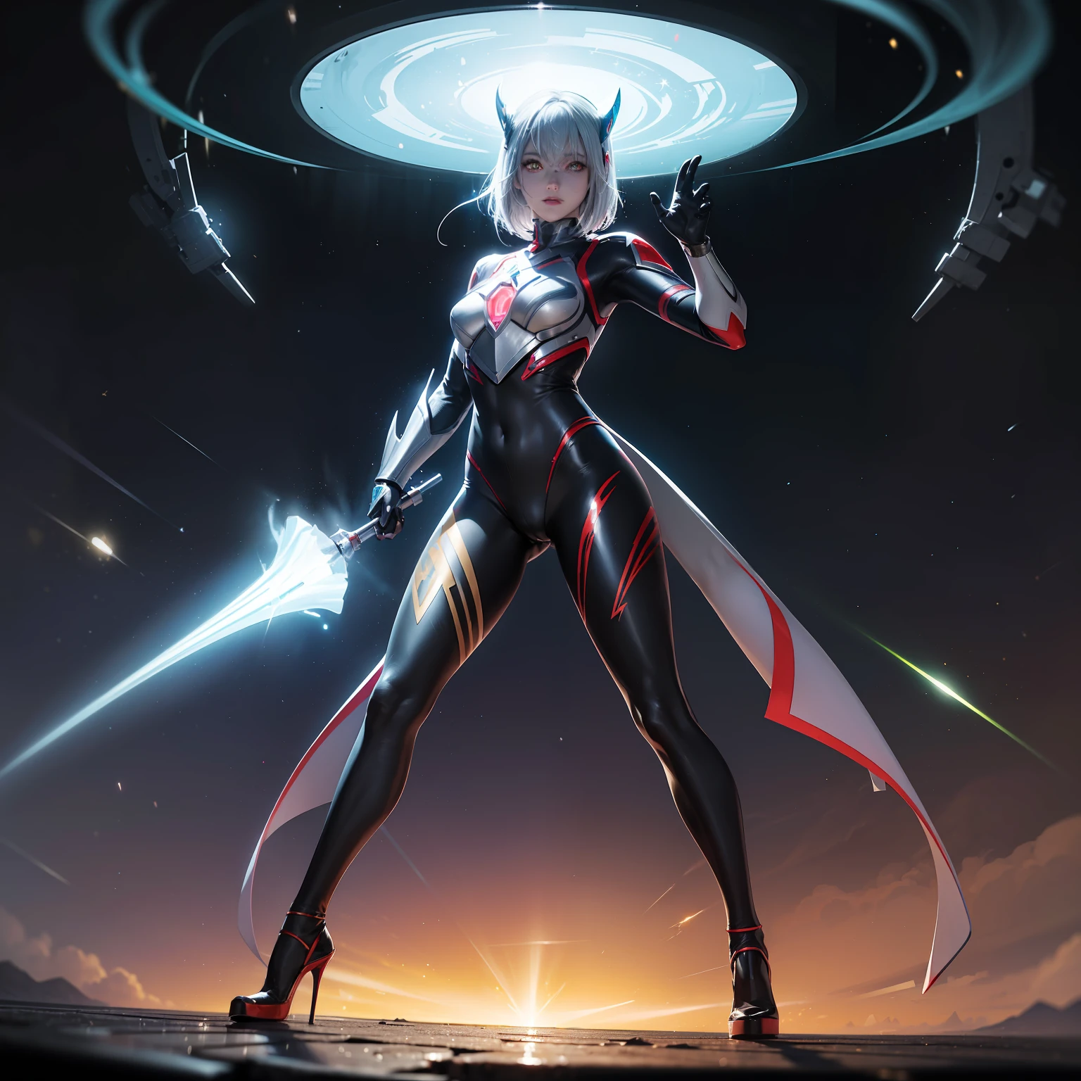 (full body:1.5),(1girl:1.3),(looking at viewer:1.4),(anatomy correct:1.3),(Wearing Having extremely strong glossiness Printed Fantasy Ultraman suit and pointed high heels ,and Very thick Printed Pantyhose :1.35), (Light particle effect:1.3),(In pink | amarelo | blue colors| green color |red colors | white colors| black in color| purpleish color| greys| Beige| Flesh color 1.4),(Glowing eyes:1.3),(Large amplitude action: 1.3),(Accurate and perfect face:1.4),(Clothing Gloss:1.25),(Skin reflection:1.25),hyper HD, Ray traching, reflective light,structurally correct, Award-Awarded, high detal, lightand shade contrast, Face lighting,cinmatic lighting, tmasterpiece, super detailing, high high quality, high detal, best qualityer, 16k,high contrast,