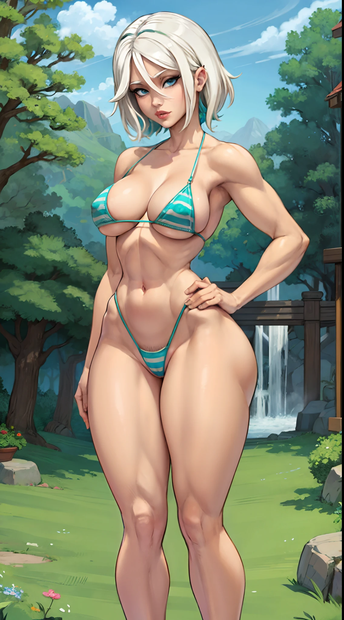 Portrait Original character gorgeous mulheshort blue eyes white amusement park scenery r hair View behind breasts hips small thighs extremely wide ass very thick huge, wearing a green striped gradient bikini,Olhar para o espectador significa sorrir, anatomia perfeita, boa anatomia, good composition, natural lightting, anatomia perfeita, boas roupas, good hands, 5 bons dedos
