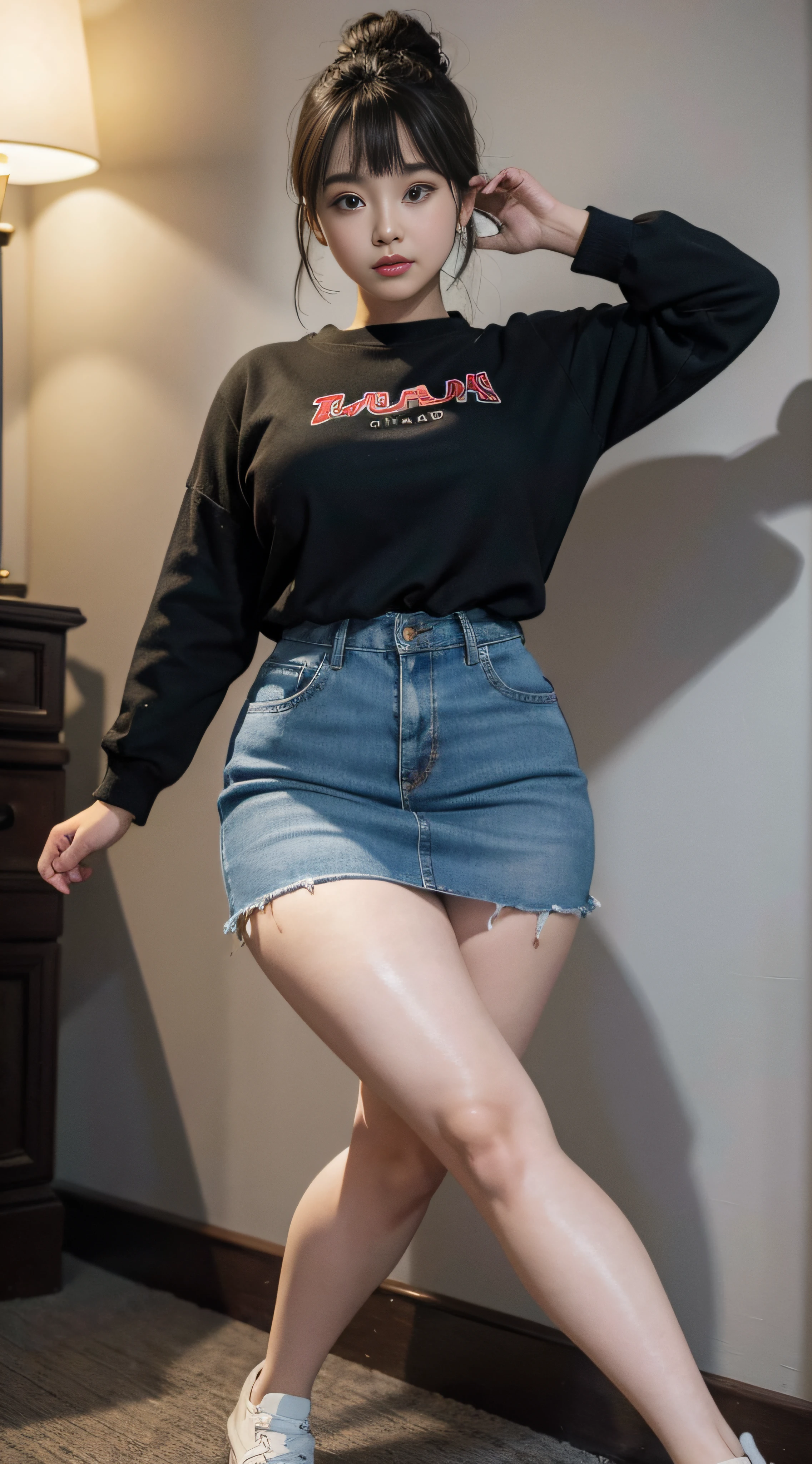 ​masterpiece、slightly chubby figure、beautiful countenance、tre anatomically correct、Cute casual outfit、Double eyelids、Fancy makeup、独奏、fullllbody、top-quality、4Ｋ、clong legs、Textured skin、Look at me、Casual skirt