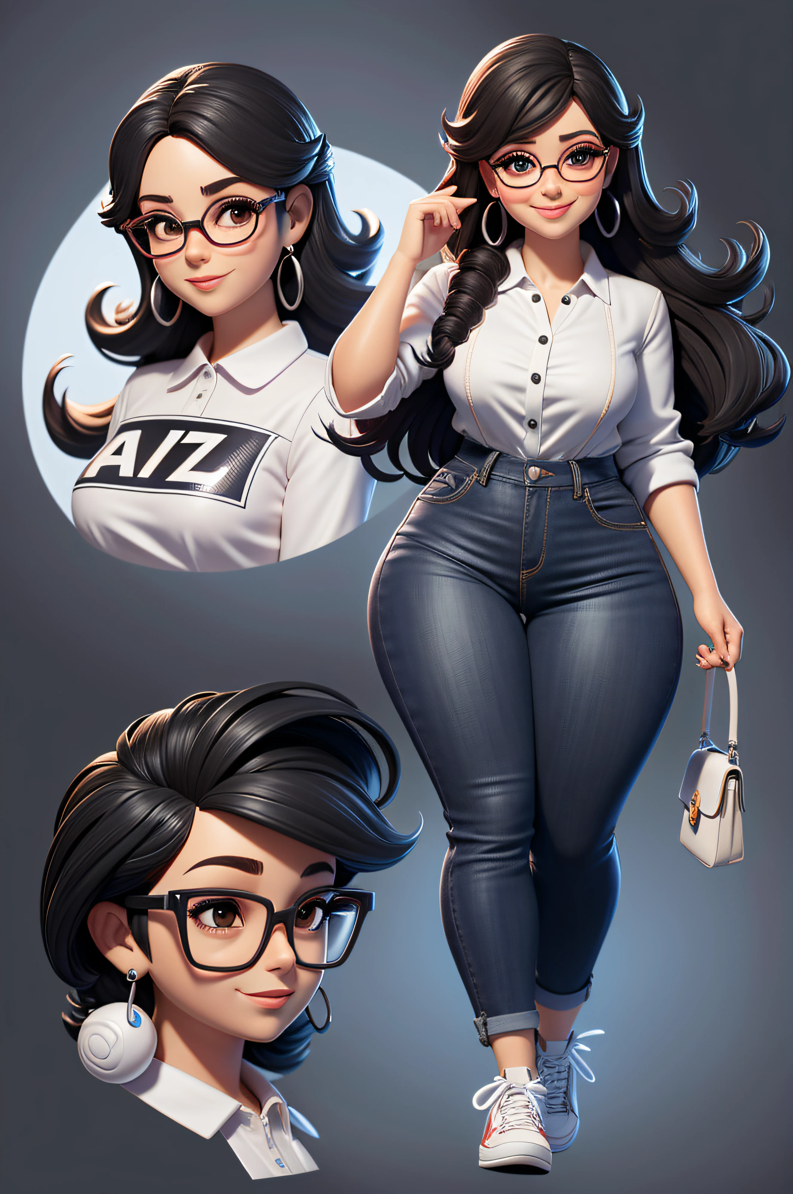 mulher 45 anos de idade estilo princesa disney, olhos castanhos, with black eyeglasses, rosto largo, various poses, cabelos castanhos, plus size, sorridente, various poses, wearing jeans, white shirt and sneakers, Pescador, Chibi, fundo branco. v 5 --q 2 --v 5 --s 750