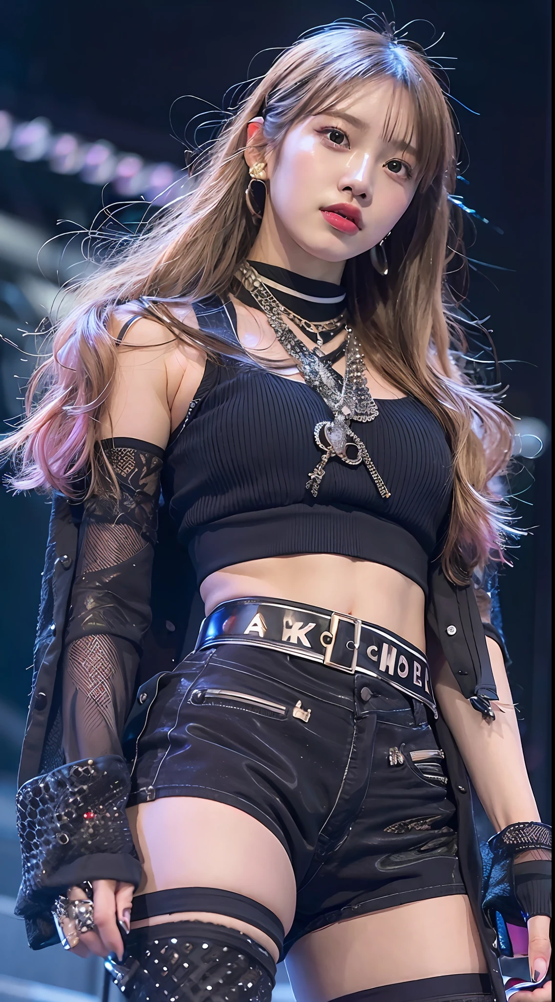 a close up of a person on a stage with a microphone, tinyest midriff ever,blackpink, korean idol, tinyest midriff ever, her belly button is exposed,ultra detailed,HD