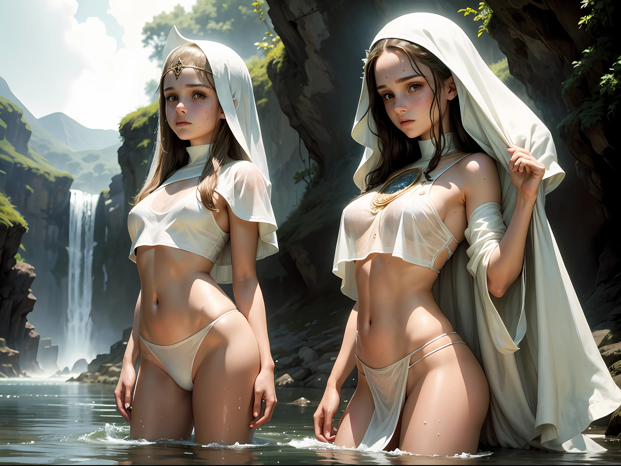 Natalie Portman as a white priestess girl. Freckles. wet crop top. see-through. Background river.