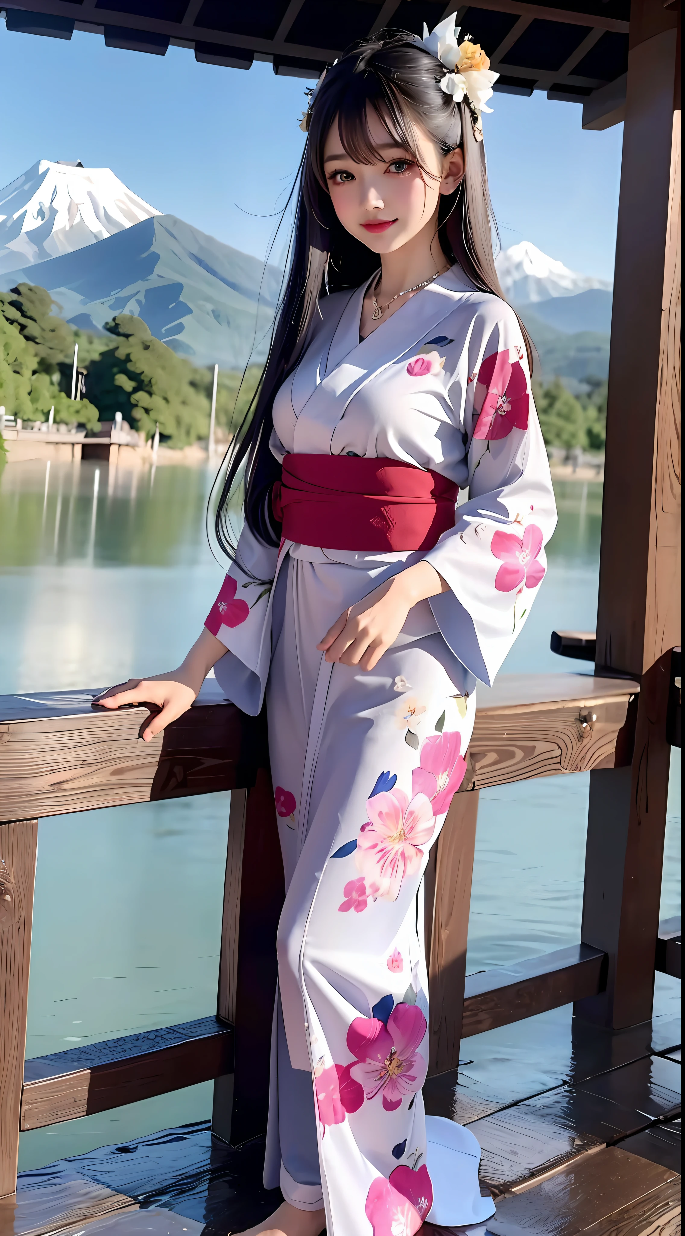 4K Ultra HD, Masterpiece, Cute little girl s, Nice face, Detailed Eyes, Liquid Lipstick, Long hair, Hair spreads, necklaces, Beautiful yukata, Short yukata, floral pattern, highlights, lighting effects, glittering, realistic background, Japan's Natural Background, blossom, sunlights, mountains, Full-body capture, You can see the bridge,