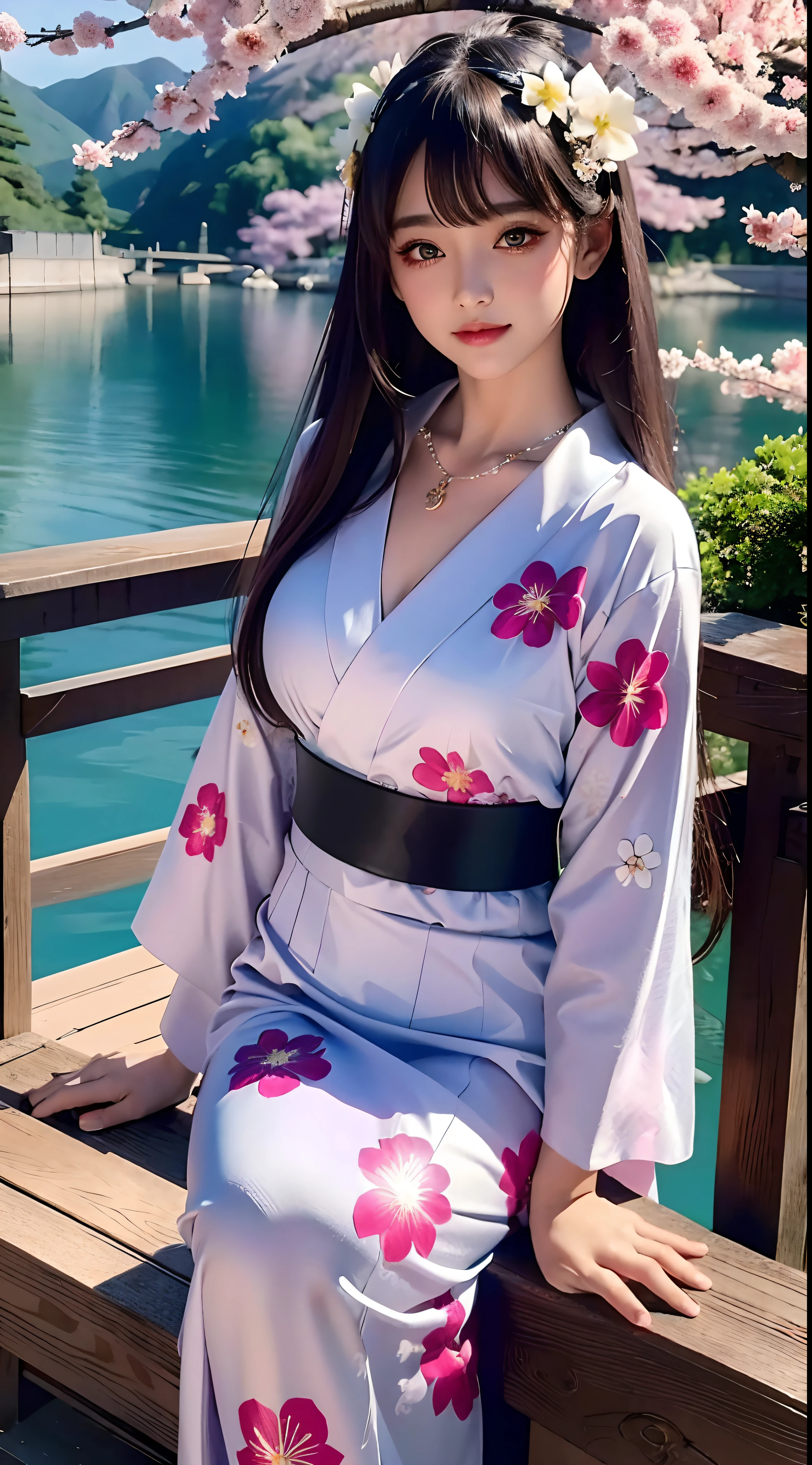 4K Ultra HD, Masterpiece,  s, Nice face, Detailed Eyes, Liquid Lipstick, Long hair, Hair spreads, necklaces, Beautiful yukata, Short yukata, floral pattern, highlights, lighting effects, glittering, realistic background, Japan's Natural Background, blossom, sunlights, mountains, Full-body capture, You can see the bridge,