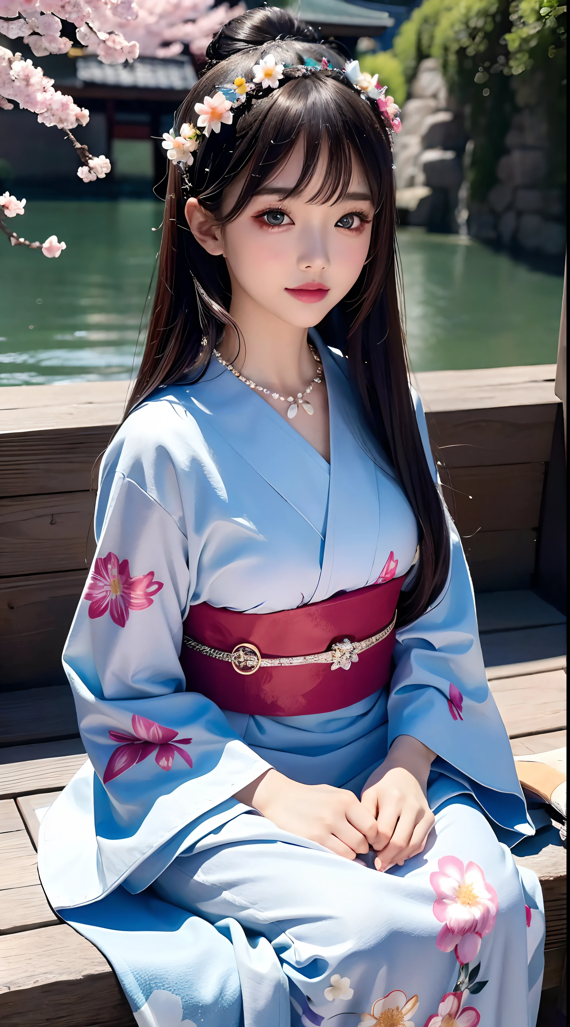 4K Ultra HD, Masterpiece, s, Nice face, Detailed Eyes, Liquid Lipstick, Long hair, Hair spreads, necklaces, Beautiful yukata, Short yukata, floral pattern, highlights, lighting effects, glittering, realistic background, Japan's Natural Background, blossom, sunlights, mountains, Full-body capture, You can see the bridge,