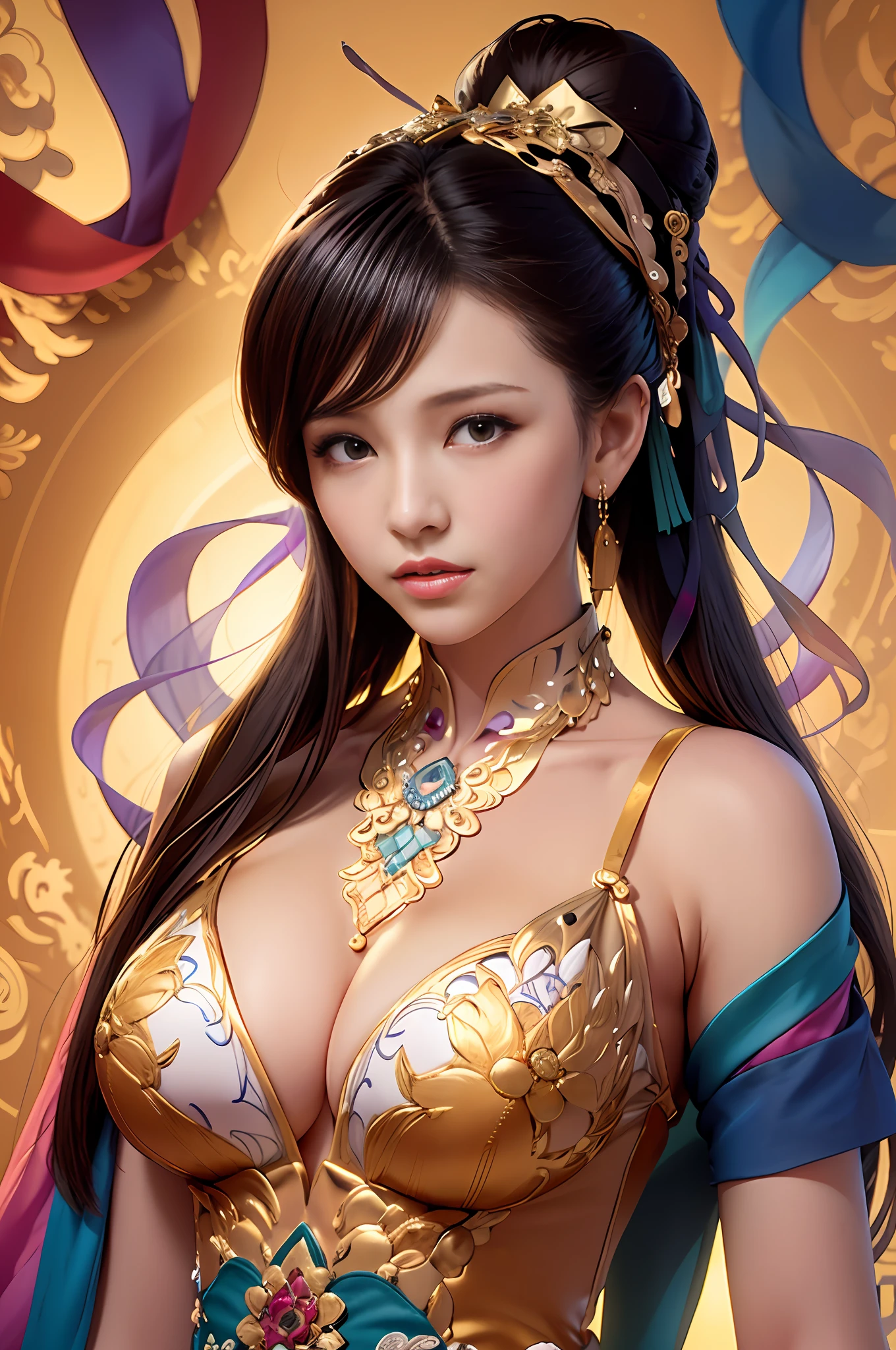 (masterpiece、masutepiece、top-quality、top-quality、Official art、Beautifully Aesthetic:1.2)、(1girl in:1.3)、ighly detailed、(Fractal Art:1.1)、(colourfull:1.1)(florals:1.3)、highestdetailed、(Zentangle:1.2)、(dynamicposes)、(Abstract background:1.3)、(Chinese Traditional Cloth:1.2)、(shinny skin)、(Many colors:1.4)、、(Golden earrings:1.4)、Colossal tits、Big breasts as breast milk、 are protruding、 are protruding、Glossy skin々、It's shiny。