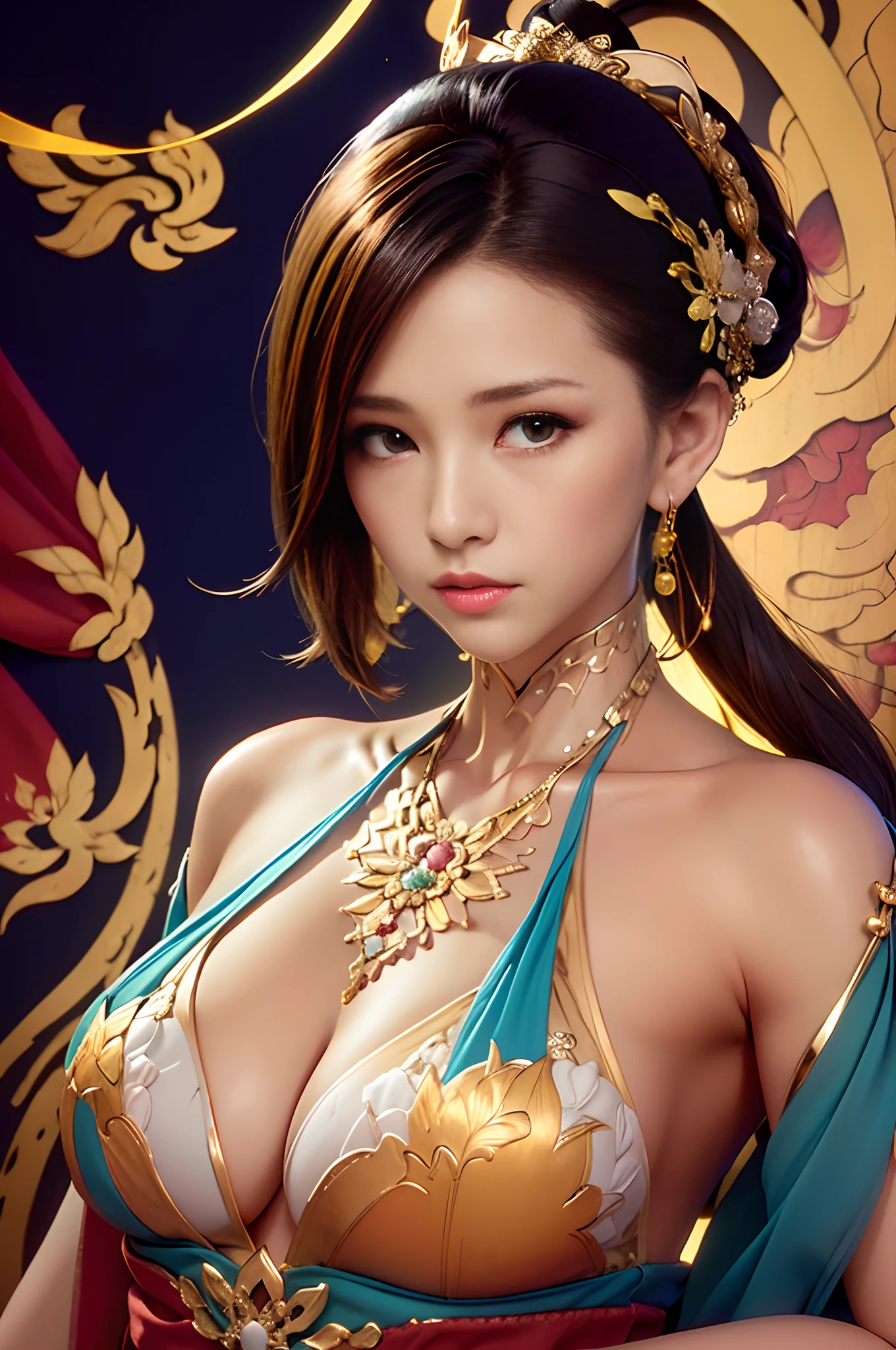 (masterpiece、masutepiece、top-quality、top-quality、Official art、Beautifully Aesthetic:1.2)、(1girl in:1.3)、ighly detailed、(Fractal Art:1.1)、(colourfull:1.1)(florals:1.3)、highestdetailed、(Zentangle:1.2)、(dynamicposes)、(Abstract background:1.3)、(Chinese Traditional Cloth:1.2)、(shinny skin)、(Many colors:1.4)、、(Golden earrings:1.4)、Colossal tits、Big breasts as breast milk、 are protruding、 are protruding、Glossy skin々、It's shiny。